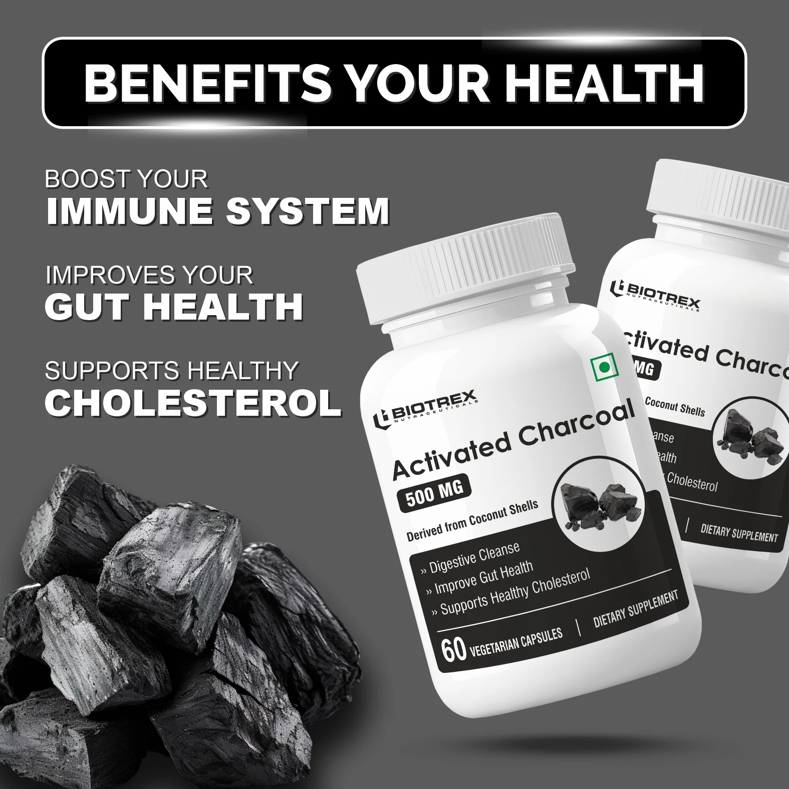 Biotrex Activated Charcoal 500mg Supplement For Healthy Digestive System - 60 Capsules - Image 3