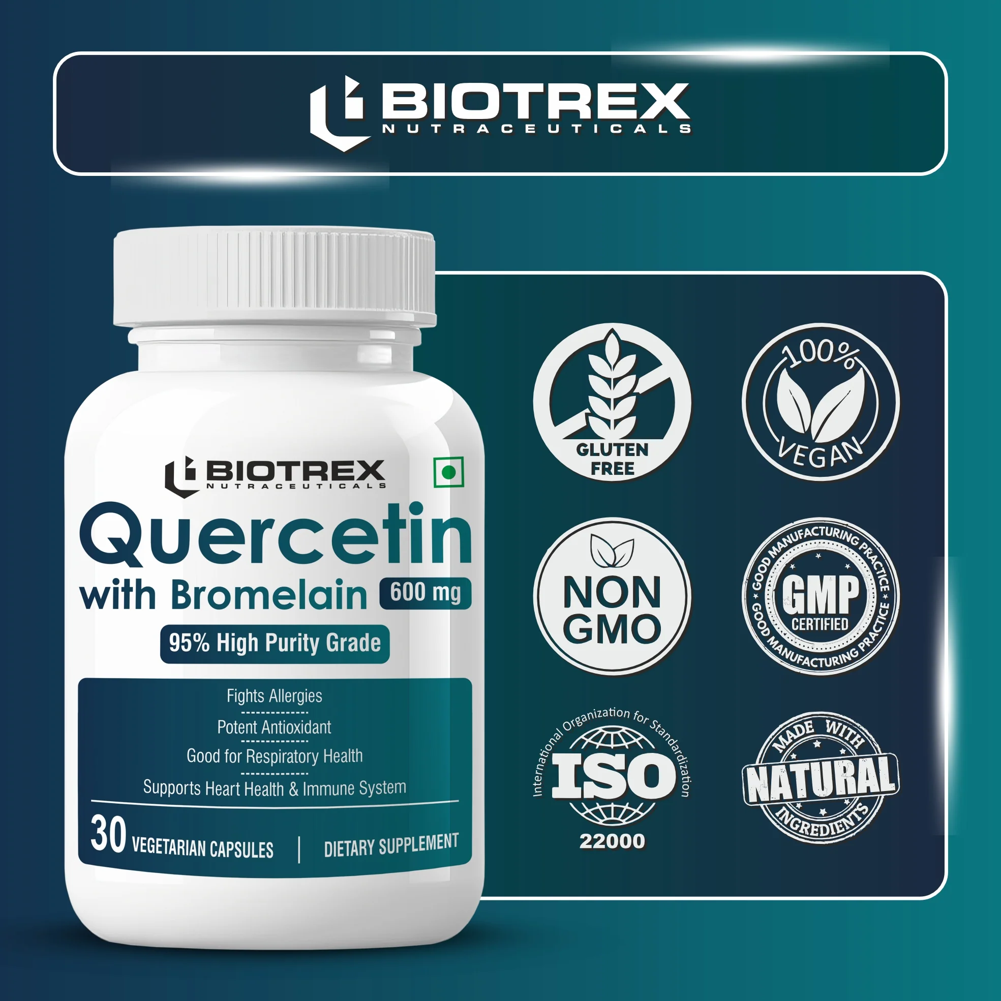 Biotrex Nutraceuticals Quercetin with Bromelain 600mg Better Respiratory Health | Antioxidant | Fights Allergies | Immunity & Cardiovascular Health - 30 Veg Capsules - Image 5