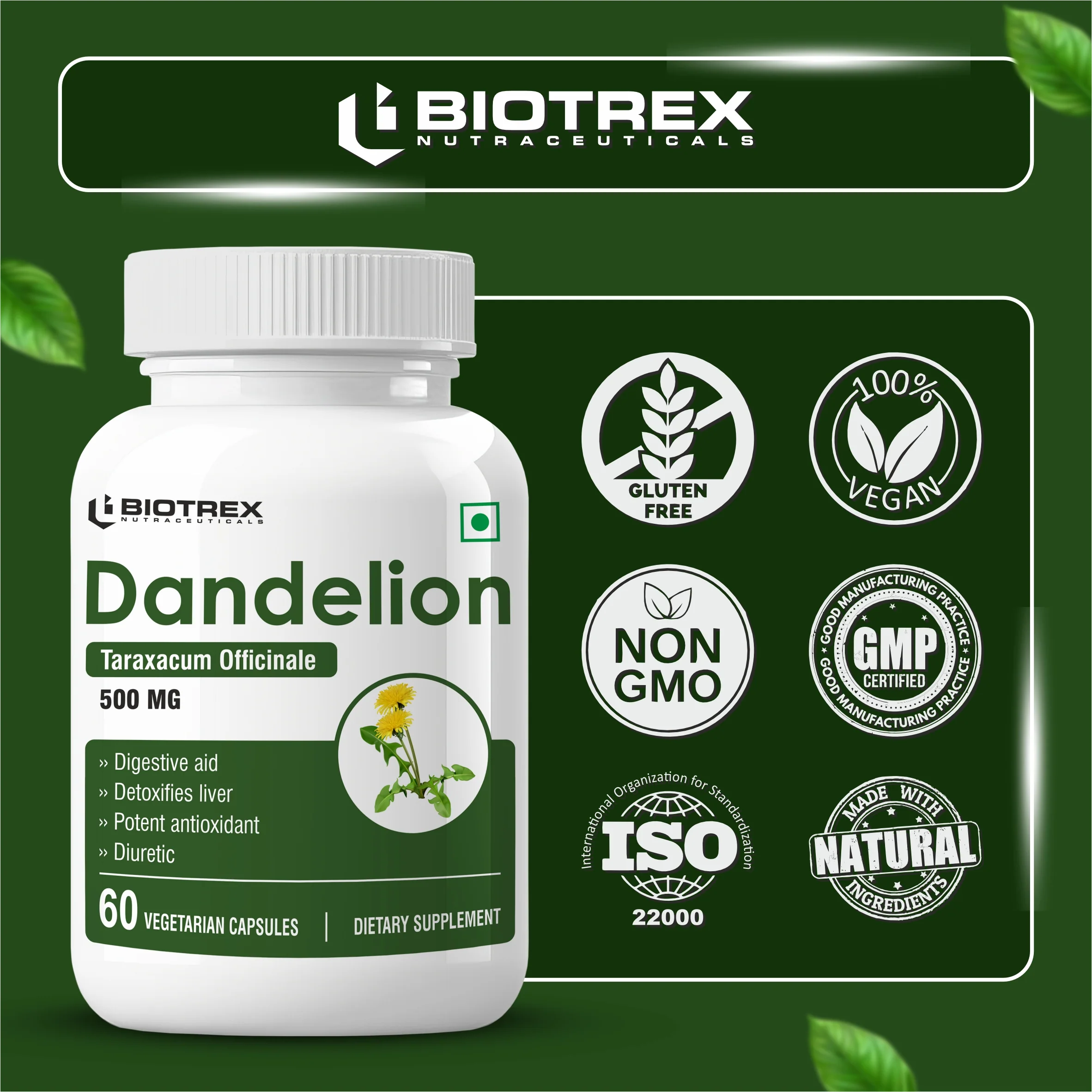 Biotrex Dandelion 500mg - 60 Capsules, Antioxidant, Detoxifies Liver, Digestive Aid - Image 5