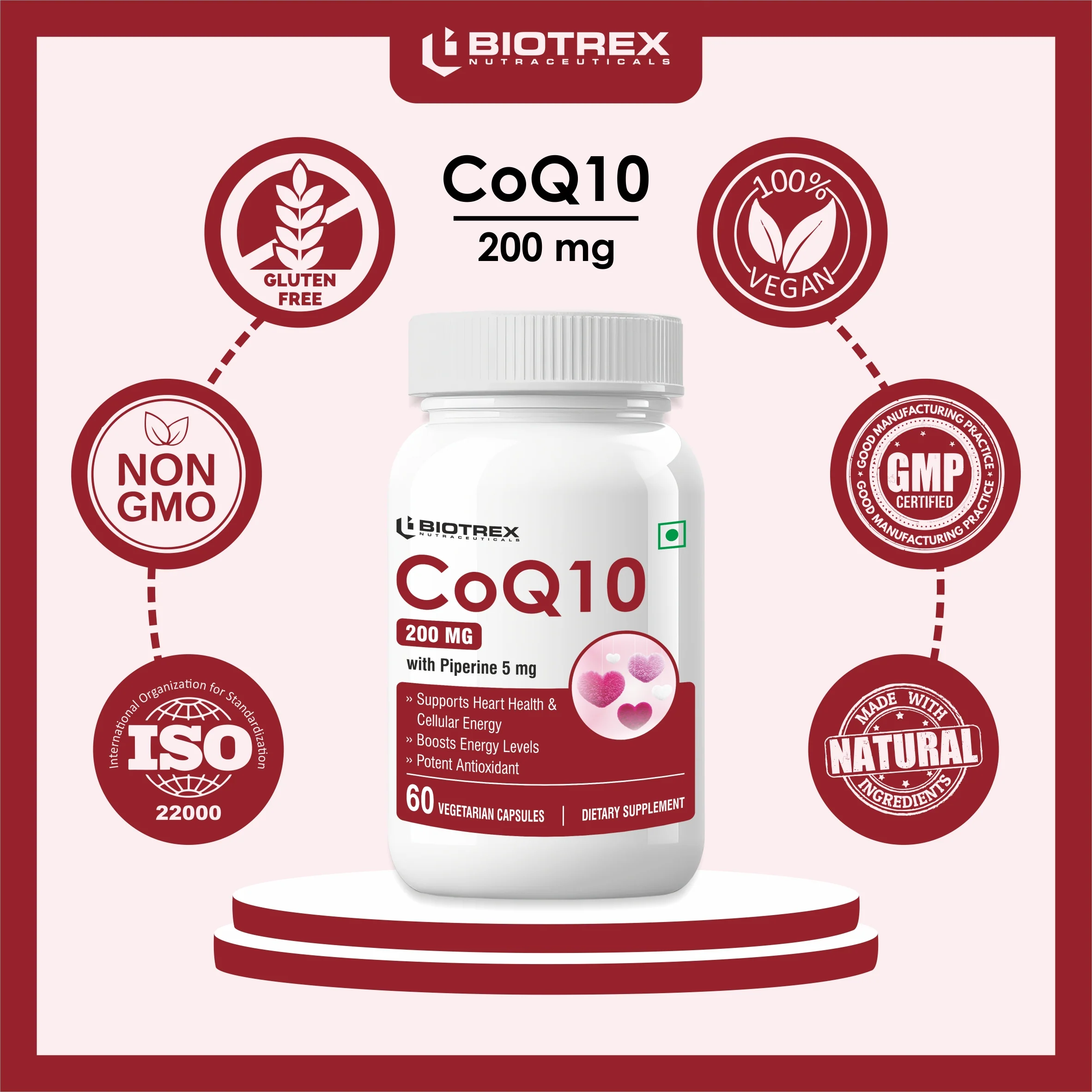 Biotrex High Bioavailabilty Coq10 200mg With 95% Purity Piperine 5mg (Coenzyme Q10) - 60 Vegetarian Capsules - Image 8