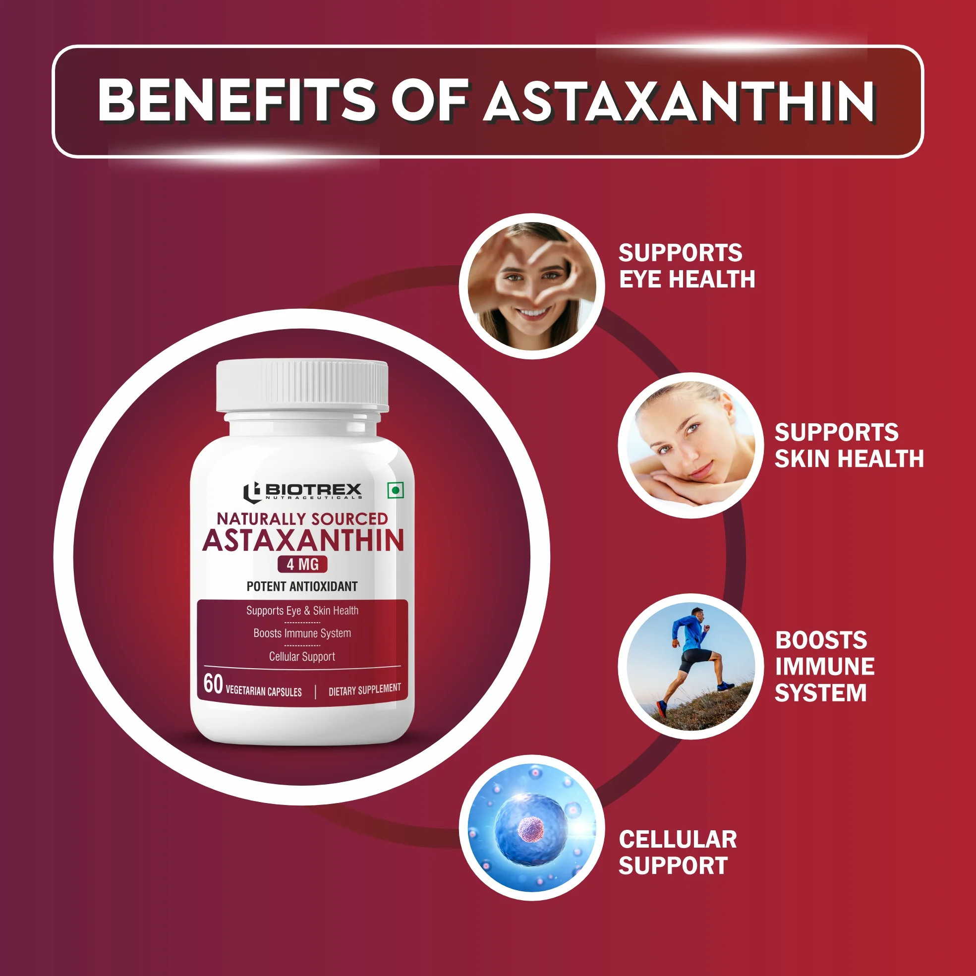 Biotrex Nutraceuticals Astaxanthin 4mg | Supports Eye & Skin Health I Boosts Immune System | Cellular Support | Naturally Sourced - 60 Veg Capsules - Image 3
