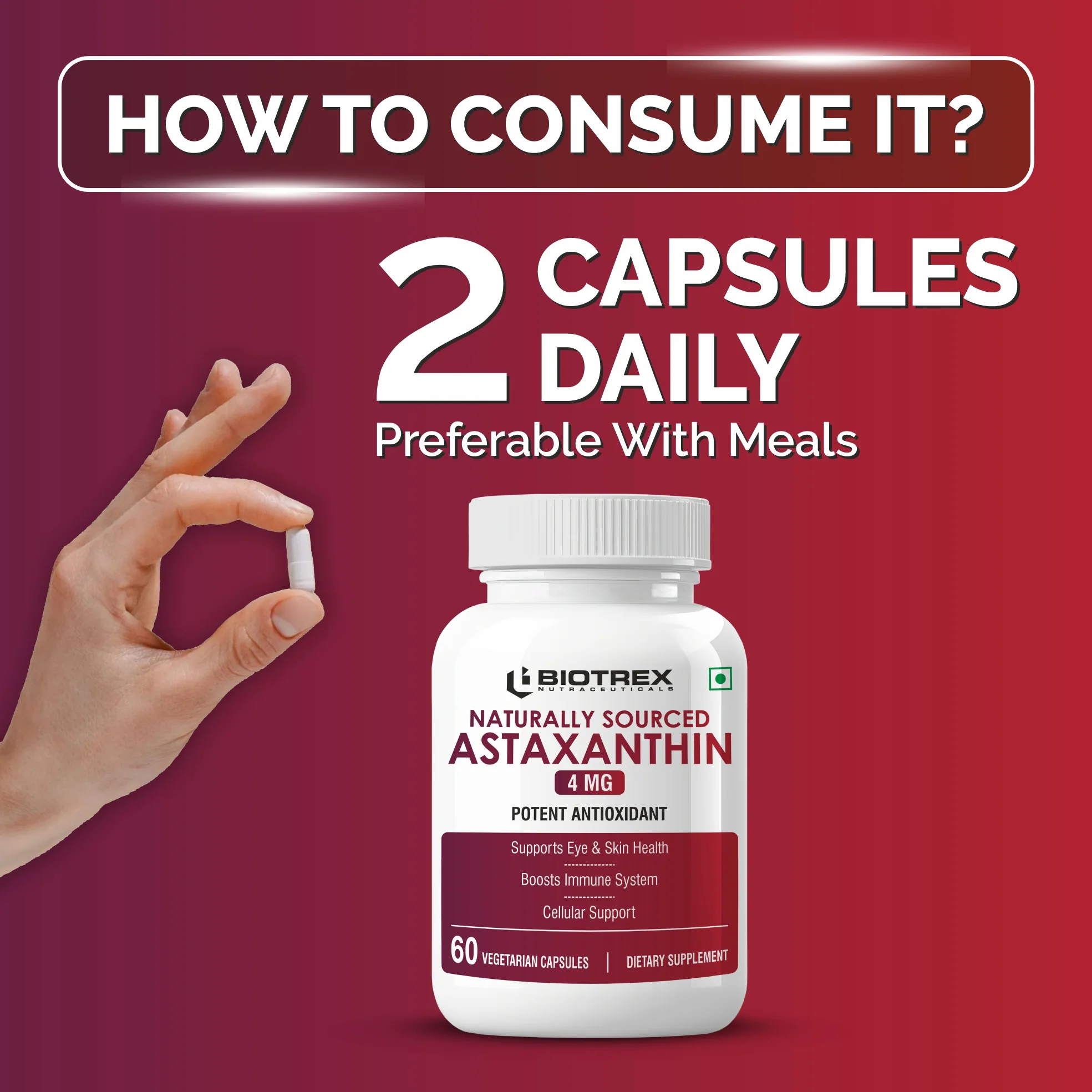 Biotrex Nutraceuticals Astaxanthin 4mg | Supports Eye & Skin Health I Boosts Immune System | Cellular Support | Naturally Sourced - 60 Veg Capsules - Image 4