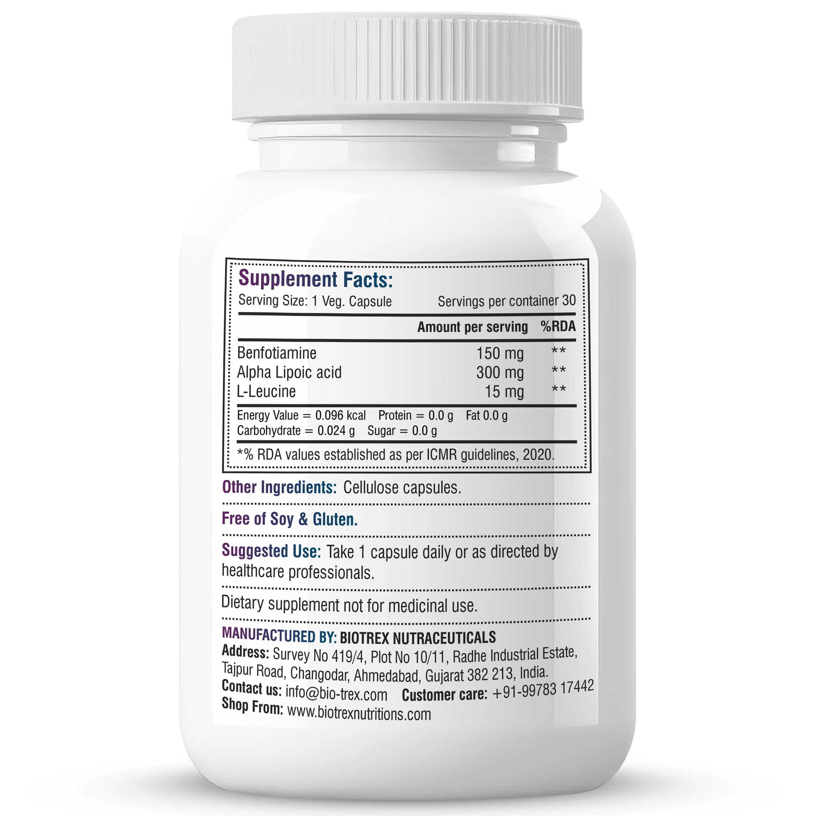Biotrex Nutraceuticals Benfotiamine 150mg, Alpha Lipoic Acid 300mg With Leucine | Glucose Balance & Metabolic Response | Brain, Heart & Nerve Health | Most Bioavailable Vitamin B1-30 Veg Capsules - Image 7