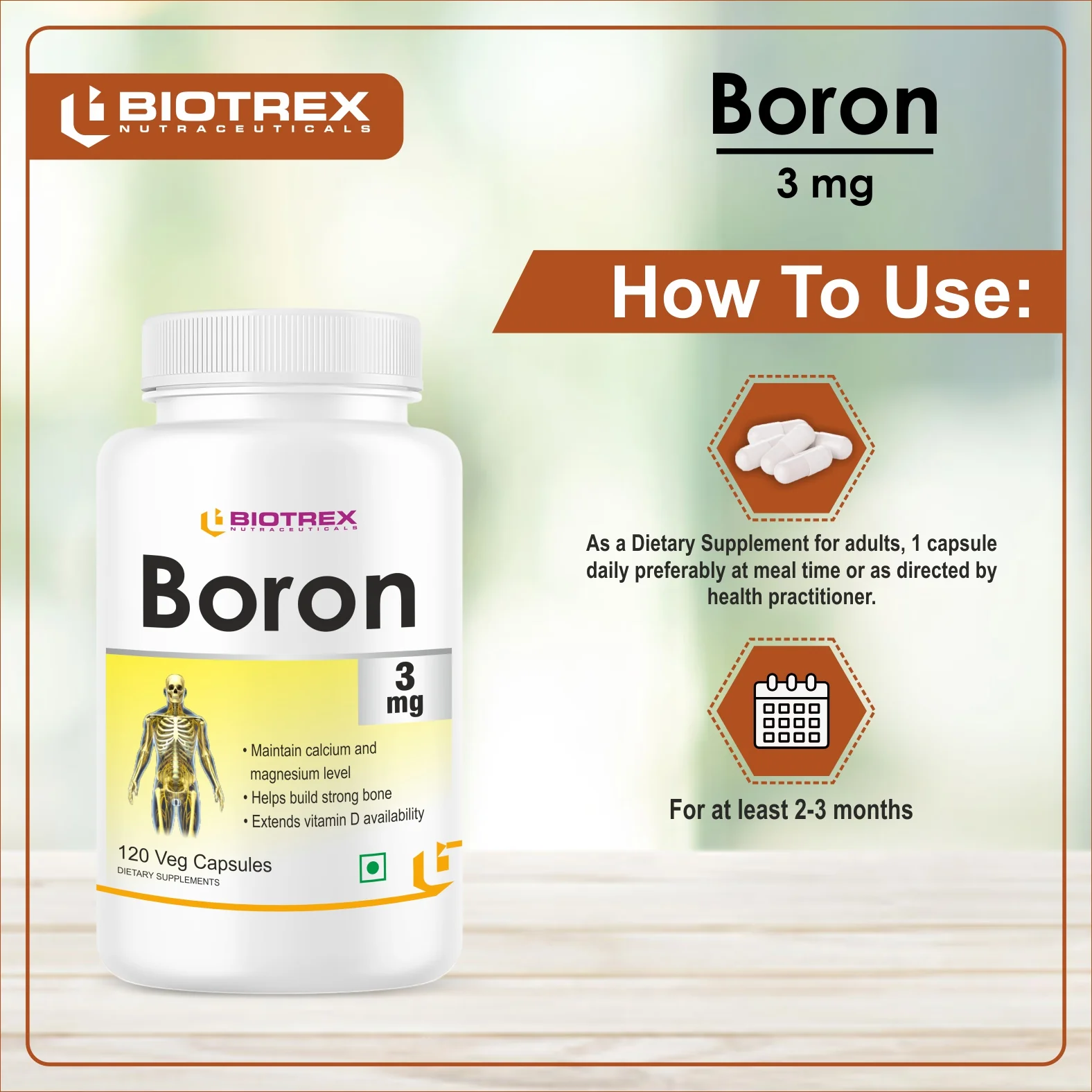 Biotrex Boron 3mg | Build Strong Bones | Improve Muscle Coordination | 120 Veg Capsules - Image 3
