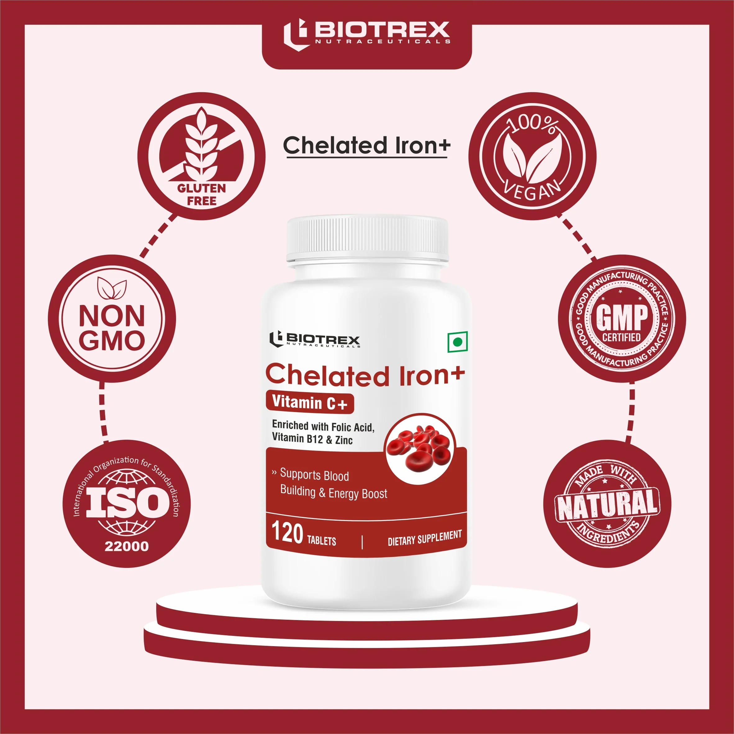 Biotrex Chelated Iron + Vitamin C, B12, Folic Acid & Zinc, Boost Hemoglobin Levels & Improves Concentration Levels, Energy & Blood Building - 120 Vegetarian Tablets - Image 7