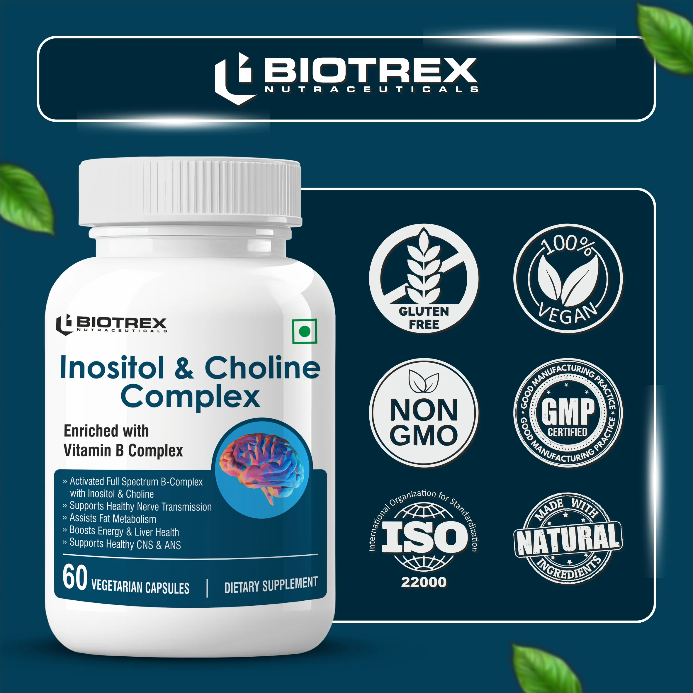 Biotrex Inositol and Choline Complex With Vitamin B Complex Vitamin B1, B2, B3, B5, B6, B7, B9 & B12, Enriched With High Purity, Advanced Nervous System & Fatty Acid - 60 Veg Capsules - Image 5