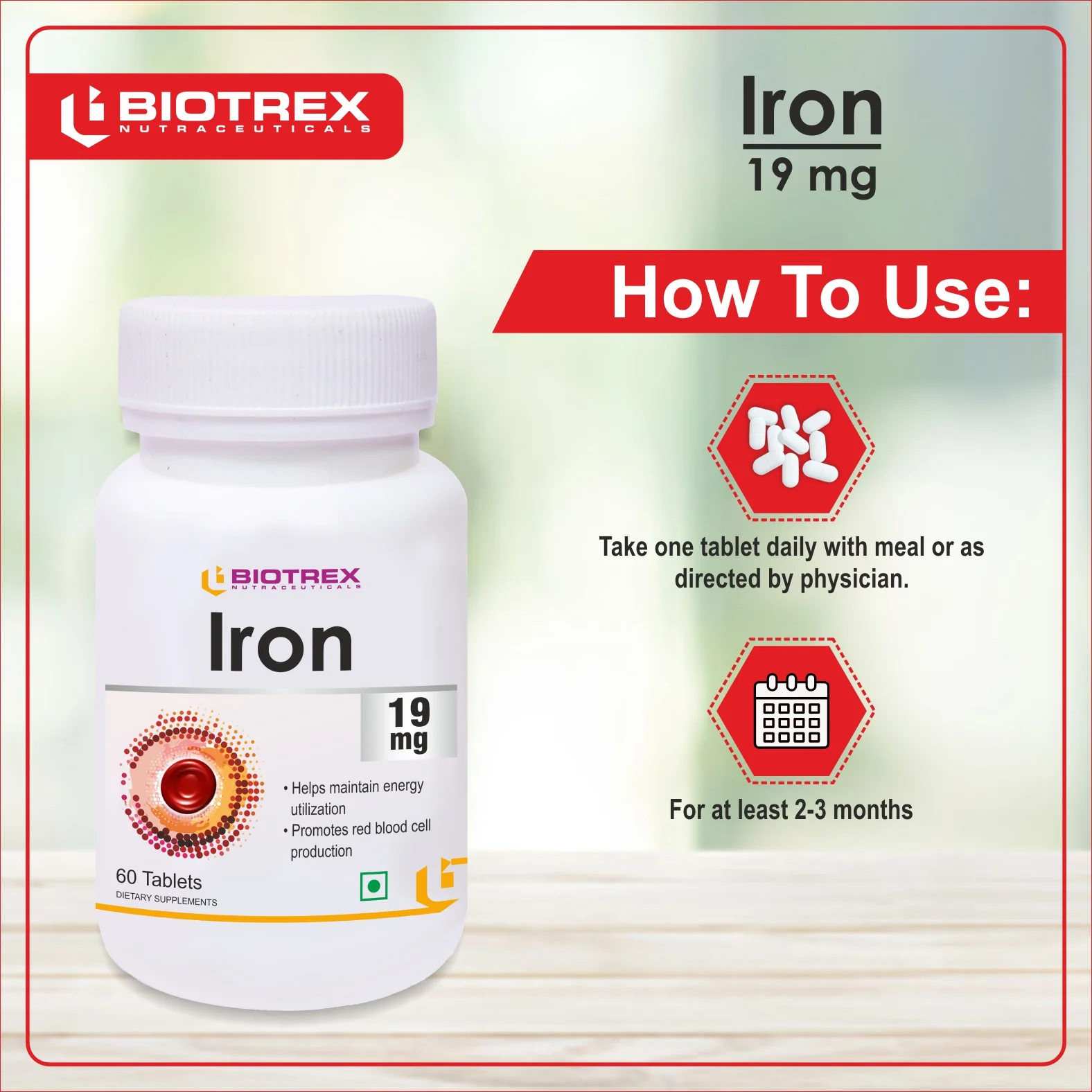 Biotrex Iron 19mg (As Ferrous fumarate) | Boosts immunity, Supports energy, Brain function & Muscle function | For Both Men & Women - 60 Tablets - Image 4