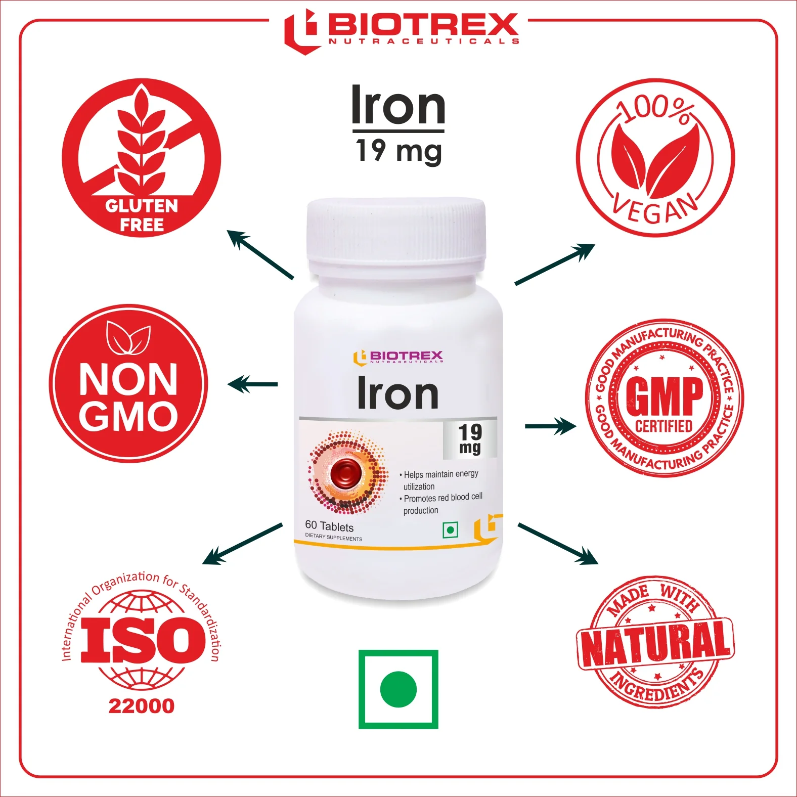Biotrex Iron 19mg (As Ferrous fumarate) | Boosts immunity, Supports energy, Brain function & Muscle function | For Both Men & Women - 60 Tablets - Image 6
