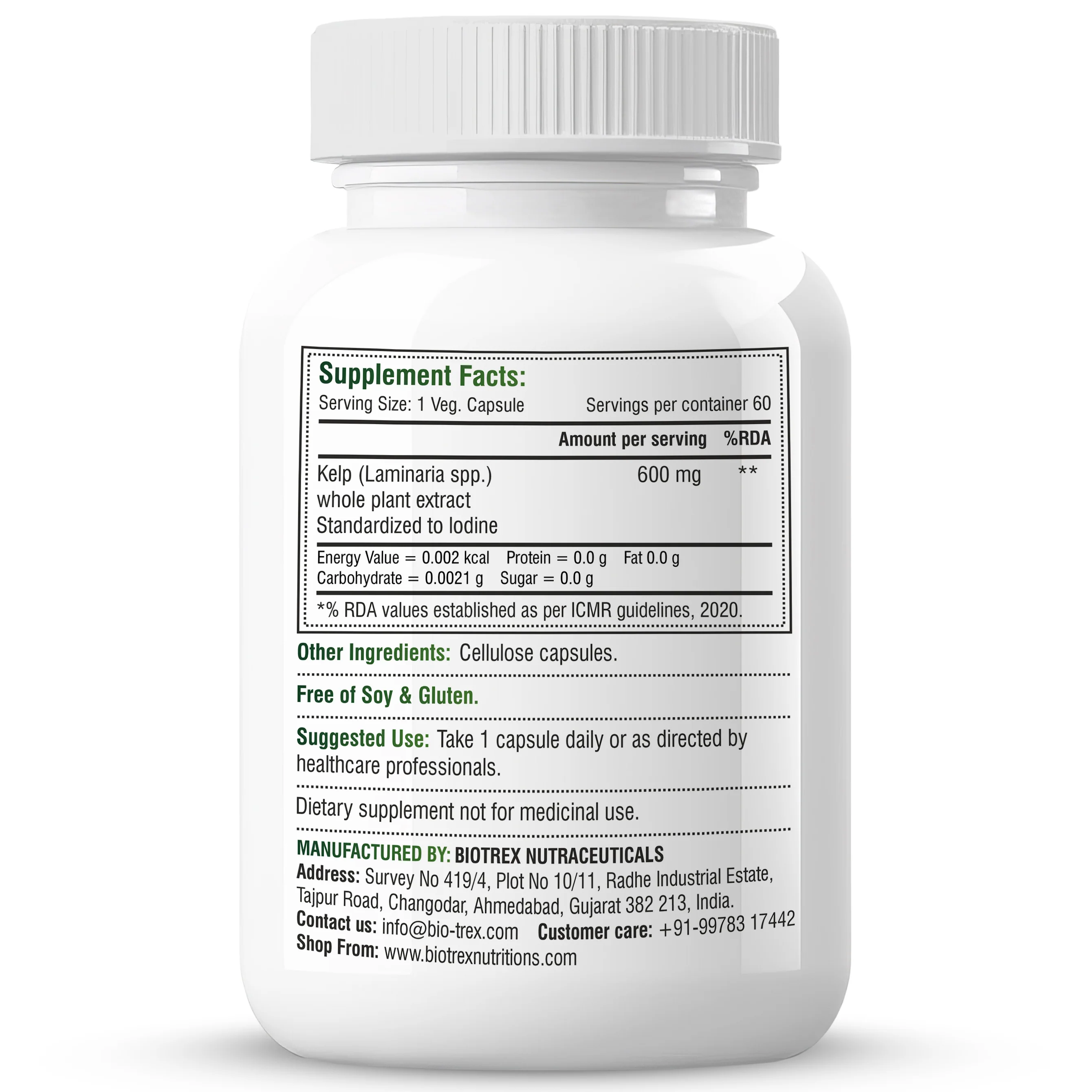 Biotrex Nutraceuticals Kelp Extract 600mg | Richest Vegan Source of Iodine | Supports Thyroid Health & Healthy Metabolism with Soluble Fiber - 60 Veg Capsules - Image 7