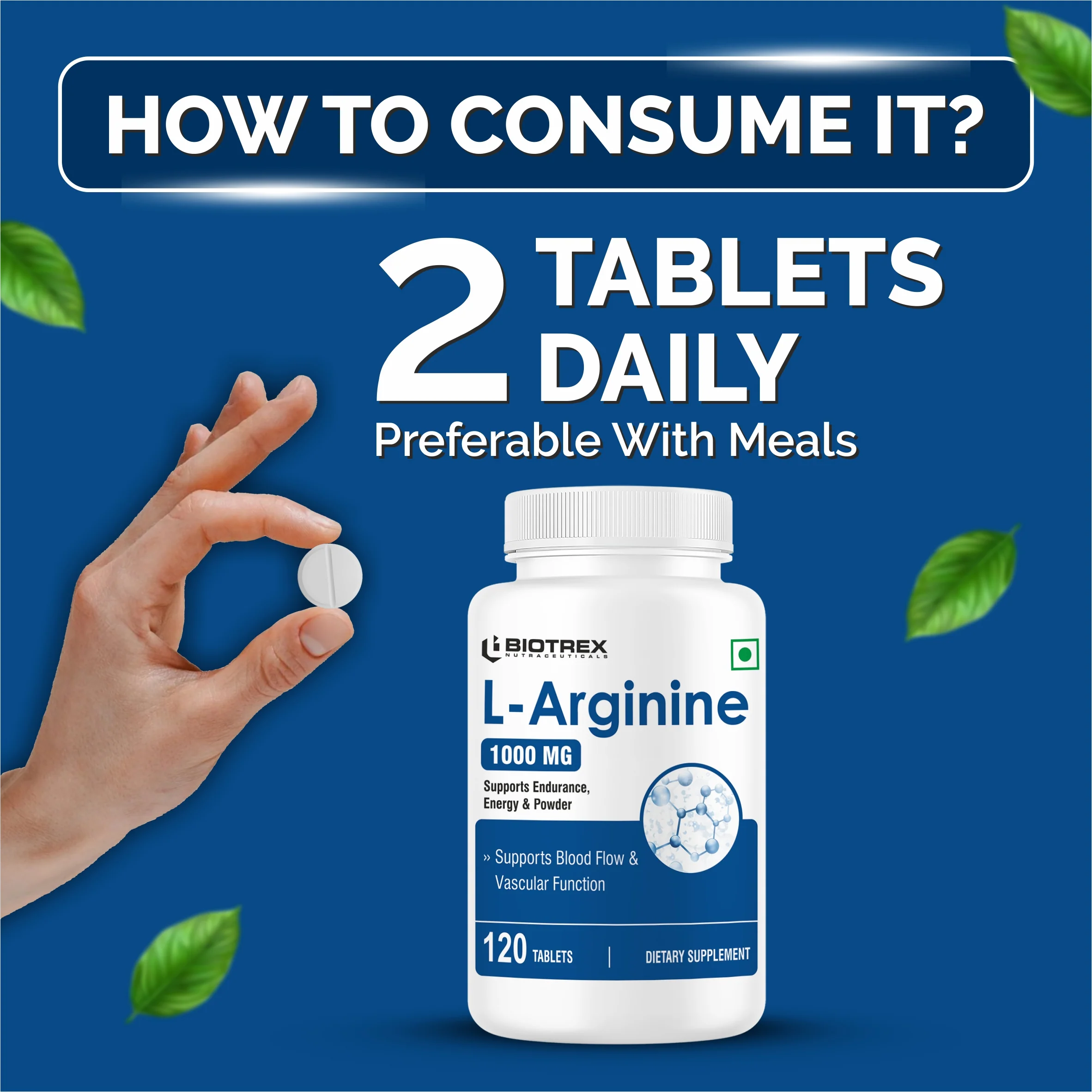 Biotrex L-Arginine 1000mg Supplement, Nitric Oxide Production & Muscle Growth - 120 Tablets - Image 4