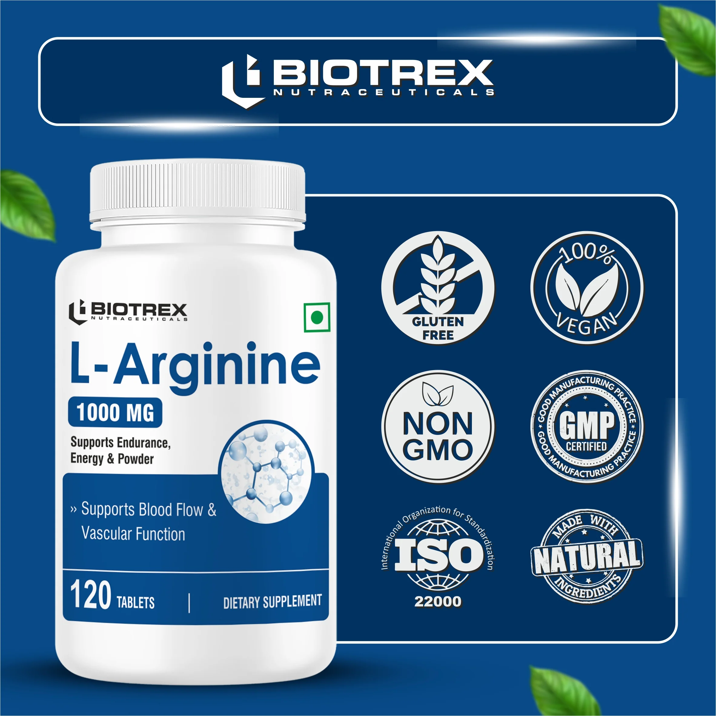 Biotrex L-Arginine 1000mg Supplement, Nitric Oxide Production & Muscle Growth - 120 Tablets - Image 5