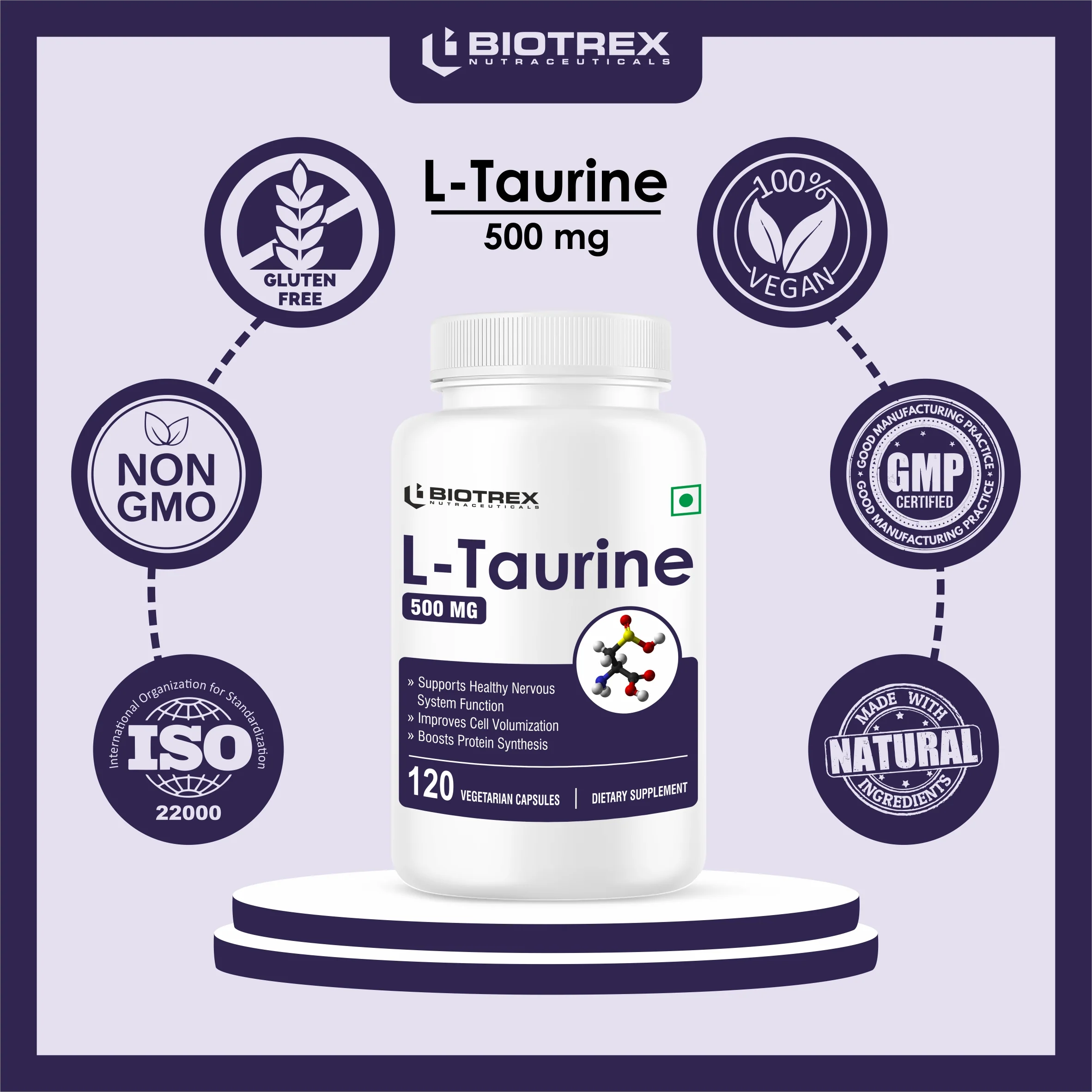 Biotrex L-Taurine 500mg Supplement, Energy, Heart, Brain & Eye Health Support, Cardiovascular system, 120 Vegetarian Capsules - Image 7