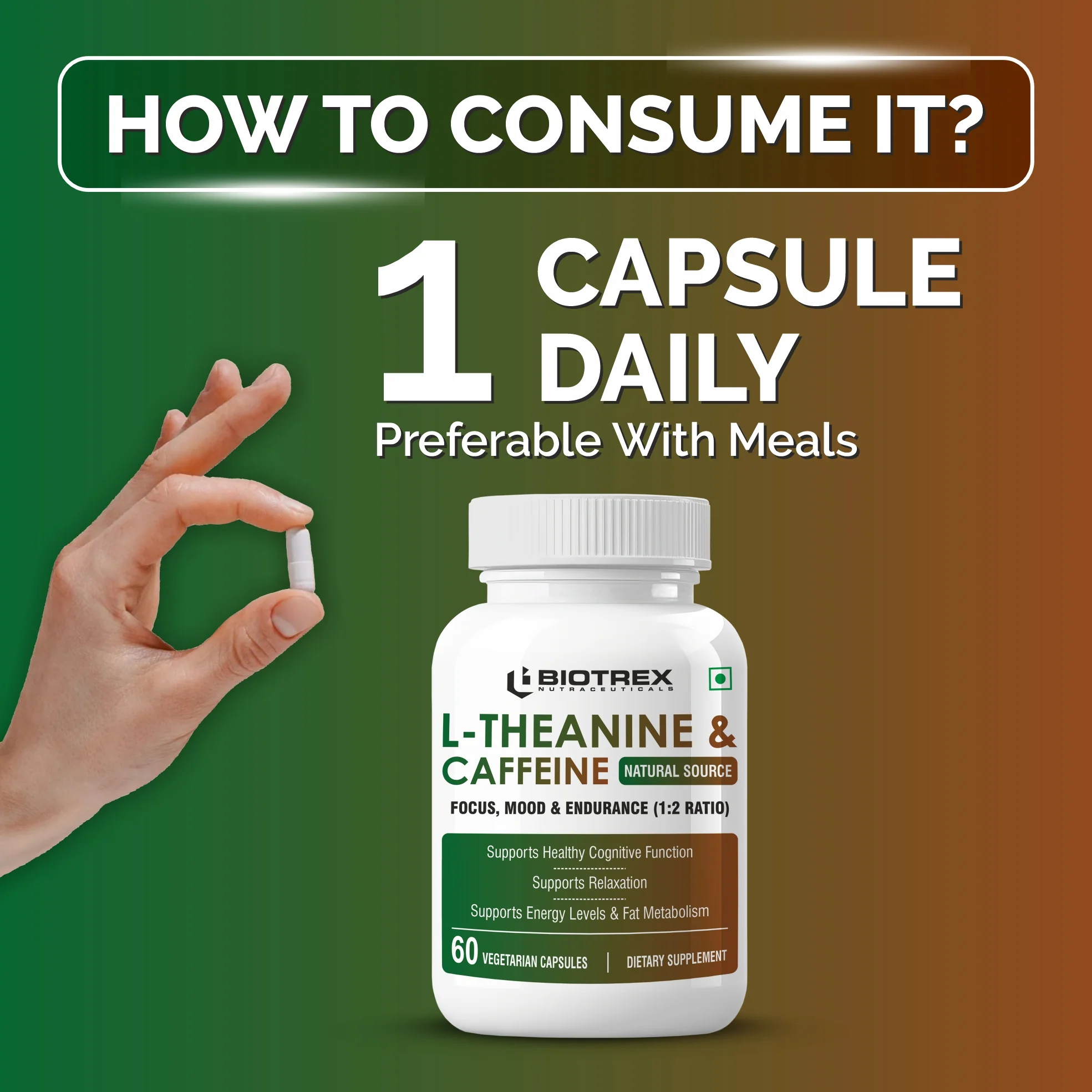 Biotrex Nutraceuticals L-Theanine 200mg Caffeine 100mg Supplement helps to improve Exercise Performance & supports Energy Management - 60 Veg Capsules - Image 4