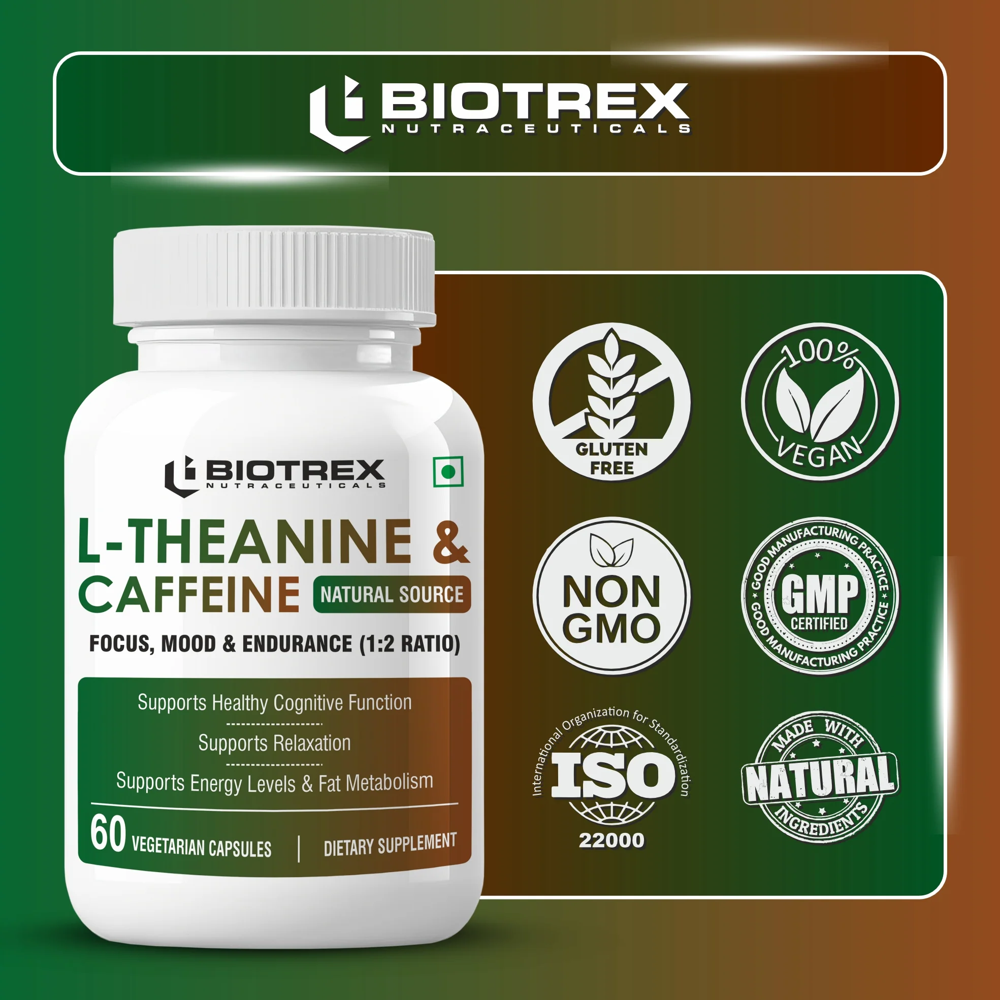 Biotrex Nutraceuticals L-Theanine 200mg Caffeine 100mg Supplement helps to improve Exercise Performance & supports Energy Management - 60 Veg Capsules - Image 5