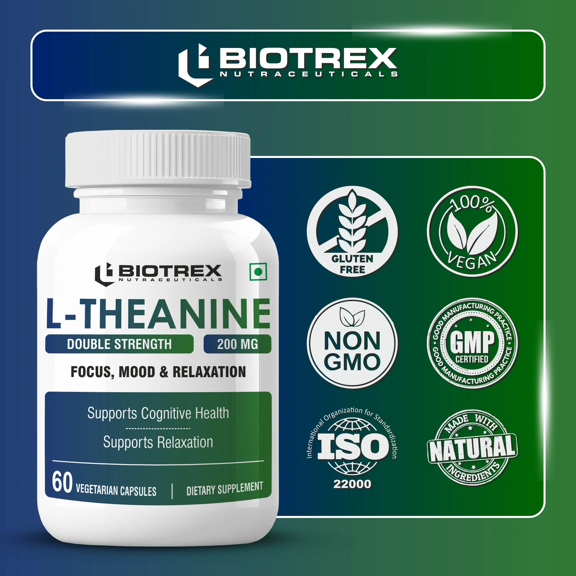 Biotrex Nutraceuticals L-Theanine 200mg Double Strength, Non-Drowsy Support | Helps Cognitive Health & Relaxation - 60 Veg Capsules - Image 5
