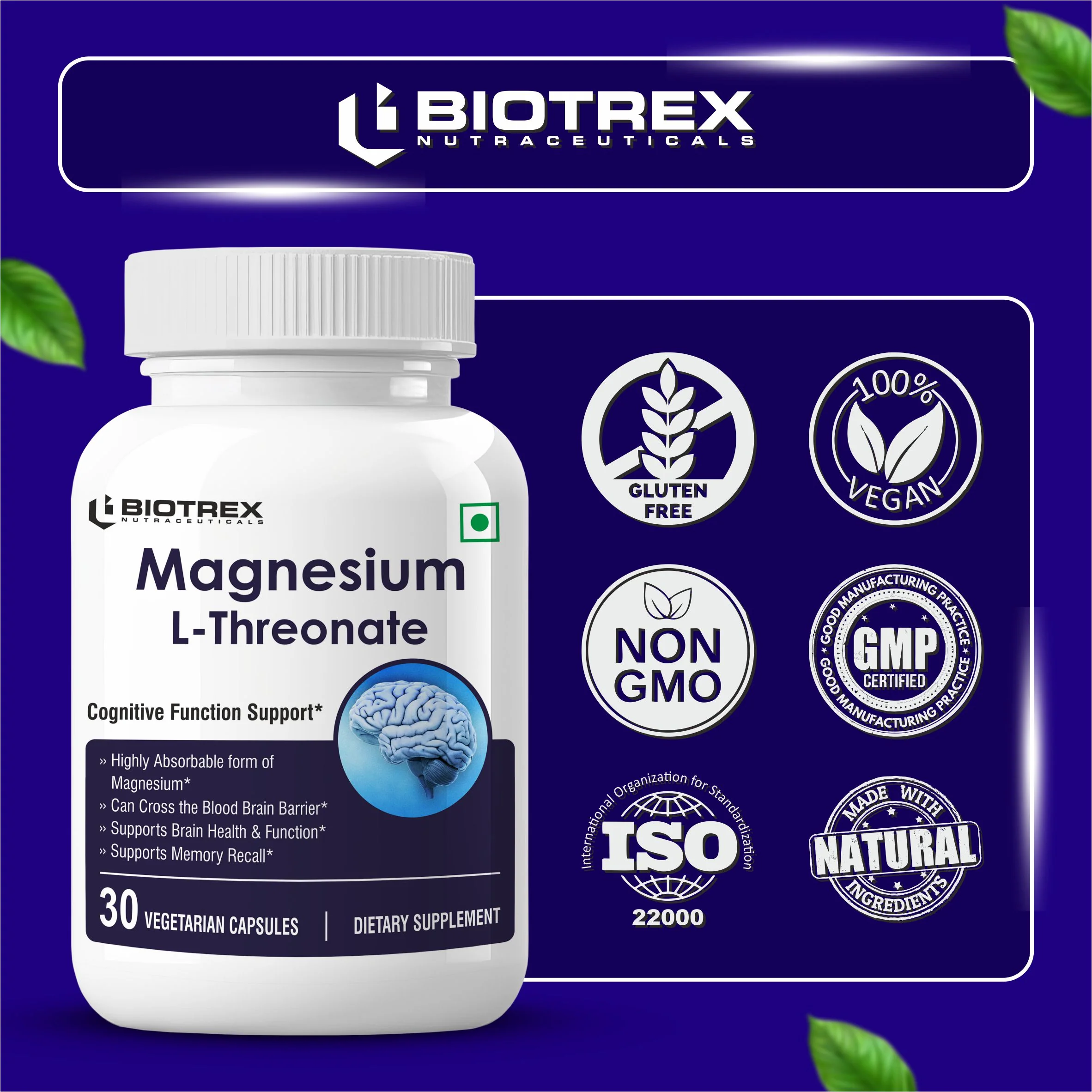 Biotrex Magnesium L-Threonate, Supports Brain Health & Cognitive Function, Highly Bioavailable Magnesium - 30 Veg Capsules - Image 5