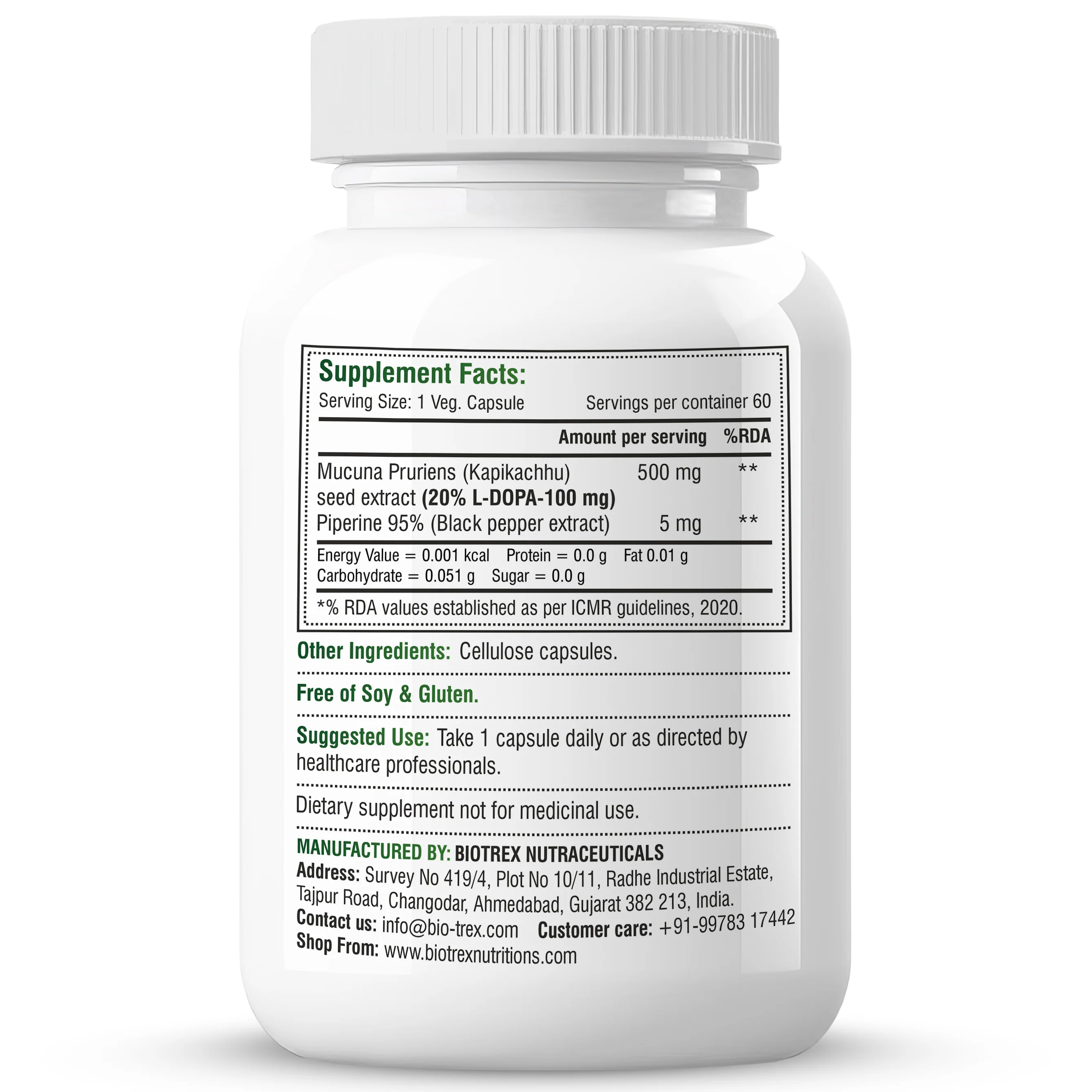 Biotrex Nutraceuticals Mucuna Pruriens (Kapikachhu) (20% L-Dopa) 500mg With Piperine 10mg | Vitality Booster, Motility & Nerve Function - 60 Veg Capsules - Image 7