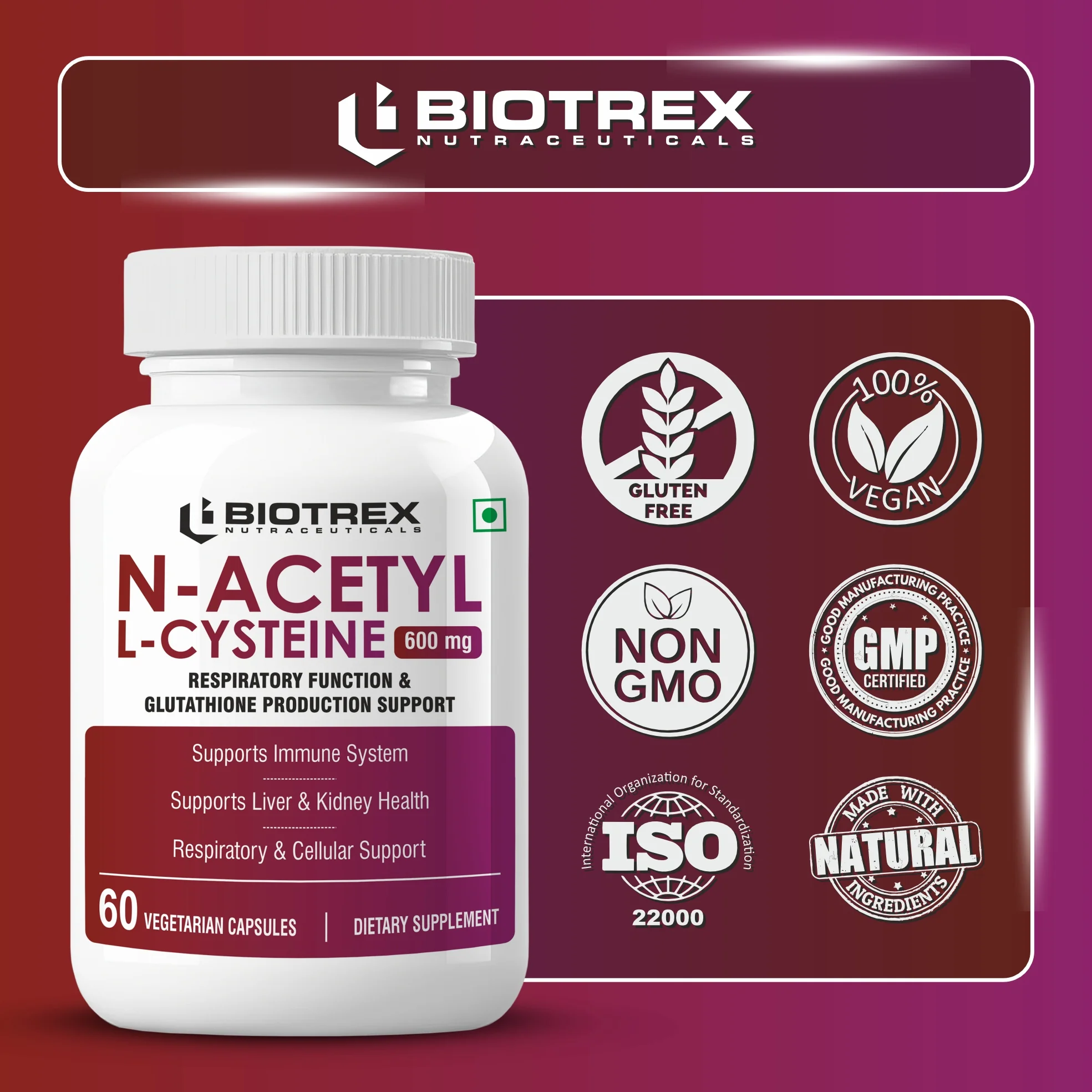 Biotrex Nutraceuticals N Acetyl L-Cysteine (NAC) 600mg, Antioxidant Production | Liver & Kidney | Immunity, Respiratory & Cellular Support - 60 Veg Capsules - Image 5
