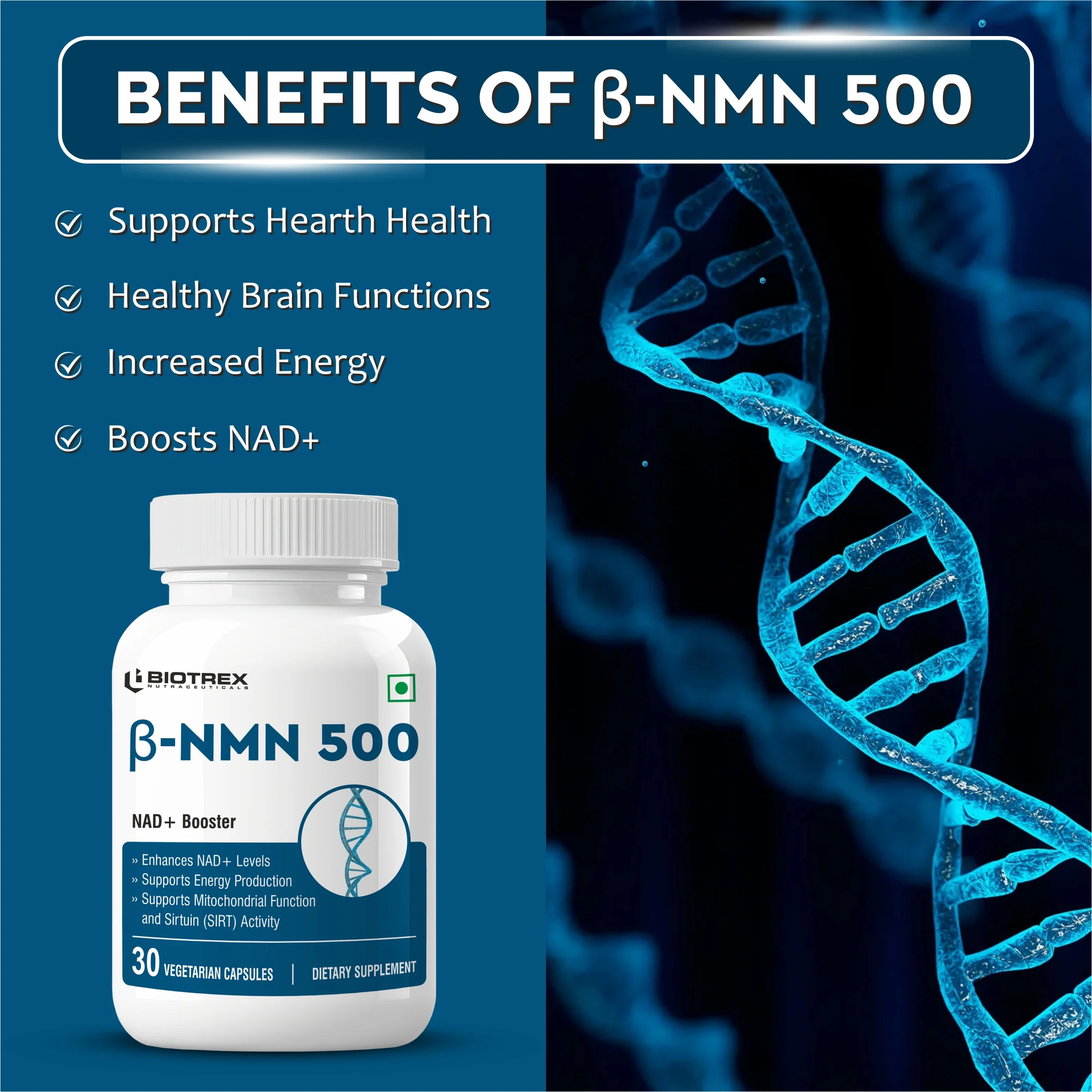 Biotrex NMN 500 Supplement, 99% High Purity, NAD Booster, Healthy Energy Levels & Skin Health - 30 Vegetarian Capsules - Image 3