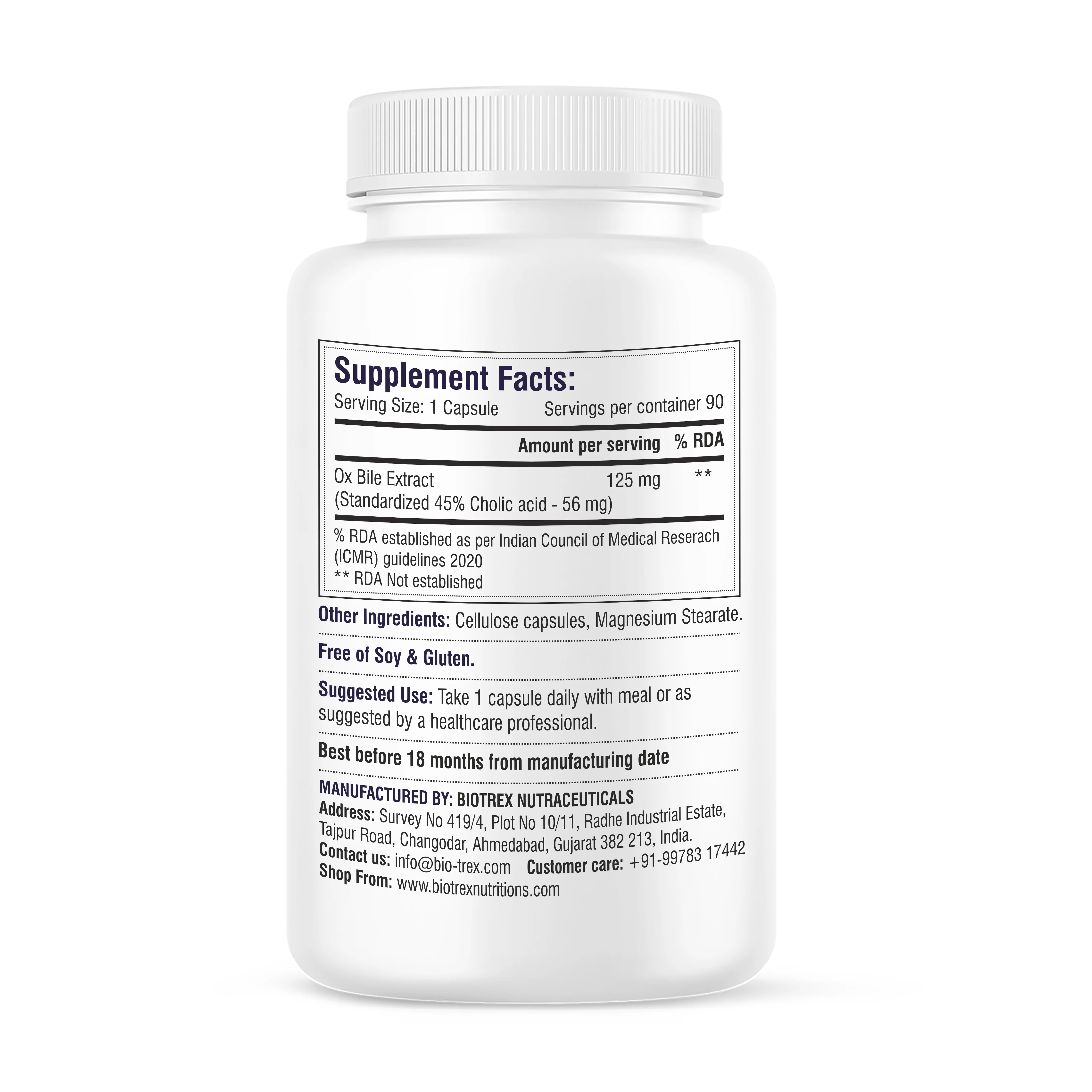 Biotrex OX BILE EXTRACT 125mg, 45% CHOLIC ACID, Supports Gallbladder Health & Supports Healthy Digestion, Bile Synthesis Support, (Gluten Free & Non-GMO) - 90 Capsules - Image 7