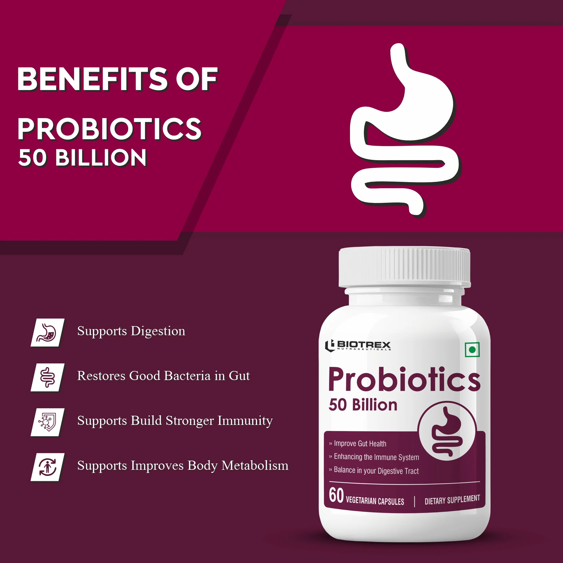 Biotrex Nutraceuticals Probiotics 50 Billion With 150mg Prebiotics Supplement For Gut Health - 60 Capsules - Image 3