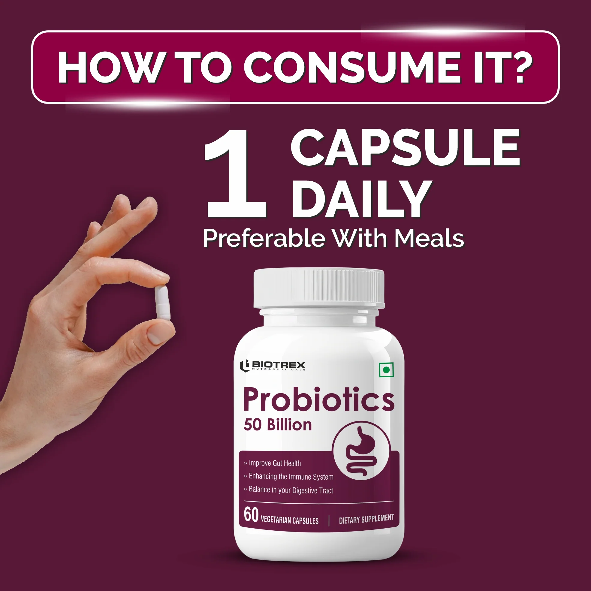 Biotrex Nutraceuticals Probiotics 50 Billion With 150mg Prebiotics Supplement For Gut Health - 60 Capsules - Image 4