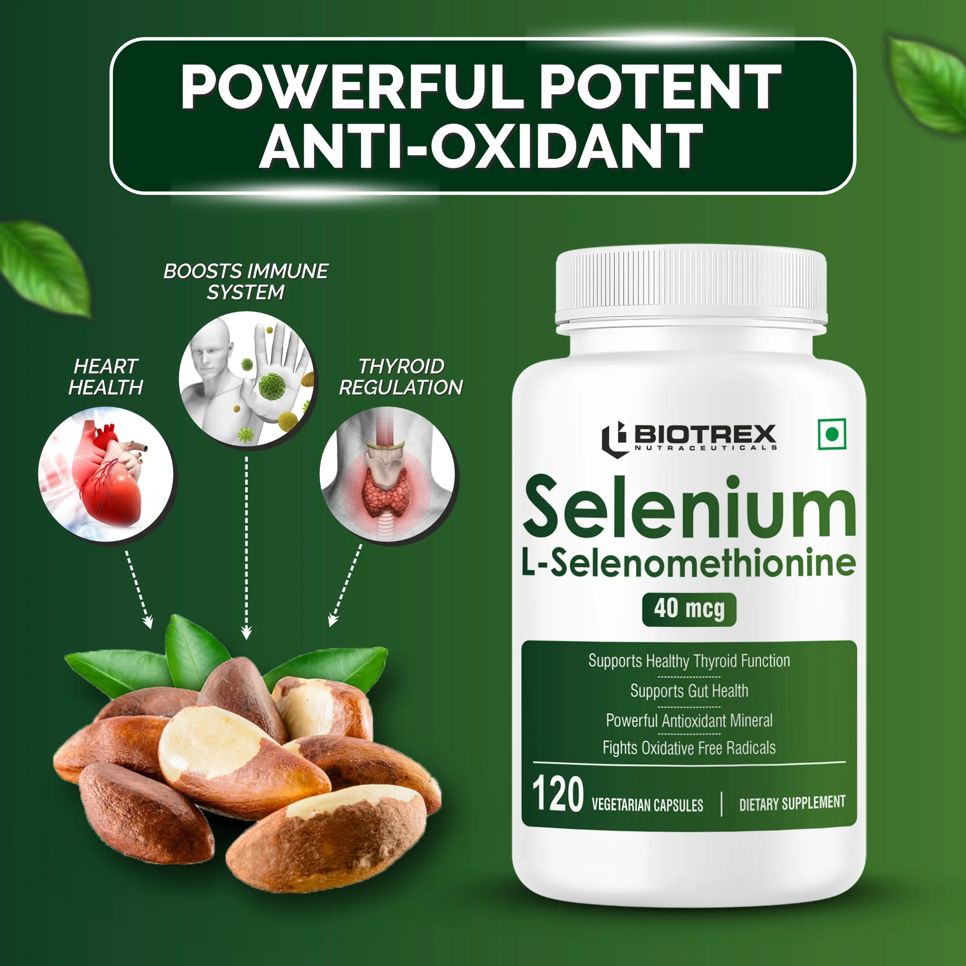 Biotrex Nutraceuticals Selenium 40mcg (L-Selenomethionine) Essential Trace Mineral with Superior Absorption | Antioxidant | Supports Immunity & Healthy Thyroid Function - 120 Veg Capsules - Image 3