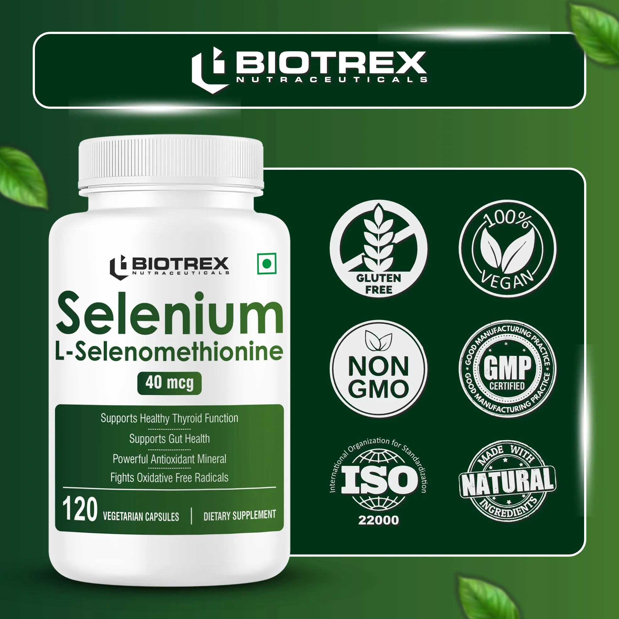 Biotrex Nutraceuticals Selenium 40mcg (L-Selenomethionine) Essential Trace Mineral with Superior Absorption | Antioxidant | Supports Immunity & Healthy Thyroid Function - 120 Veg Capsules - Image 5