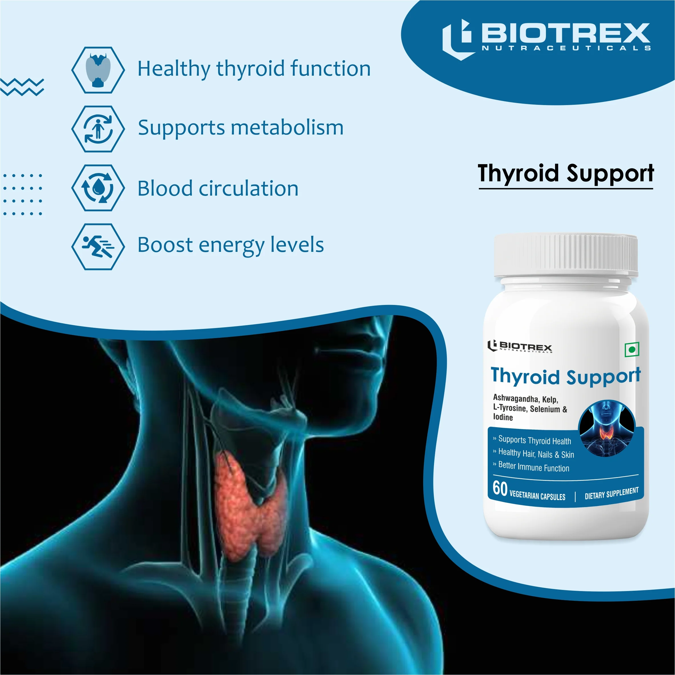 Biotrex Thyroid Care Supplement With Ashwagandha, Sea Kelp, Selenium, L-Tyrosine & Iodine, Supports Thyroid Health, Good mood - 60 Vegetarian Capsules - Image 5