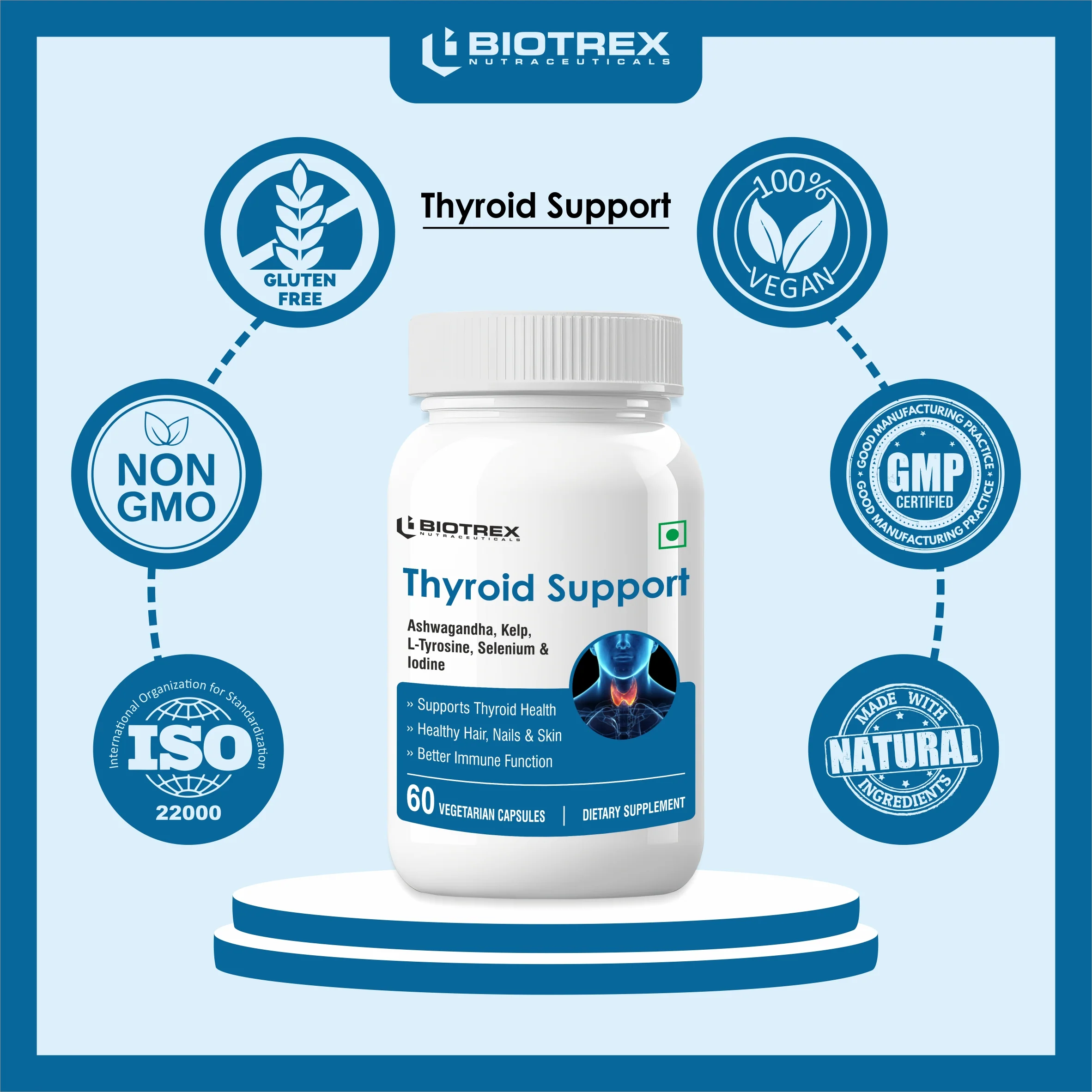 Biotrex Thyroid Care Supplement With Ashwagandha, Sea Kelp, Selenium, L-Tyrosine & Iodine, Supports Thyroid Health, Good mood - 60 Vegetarian Capsules - Image 7