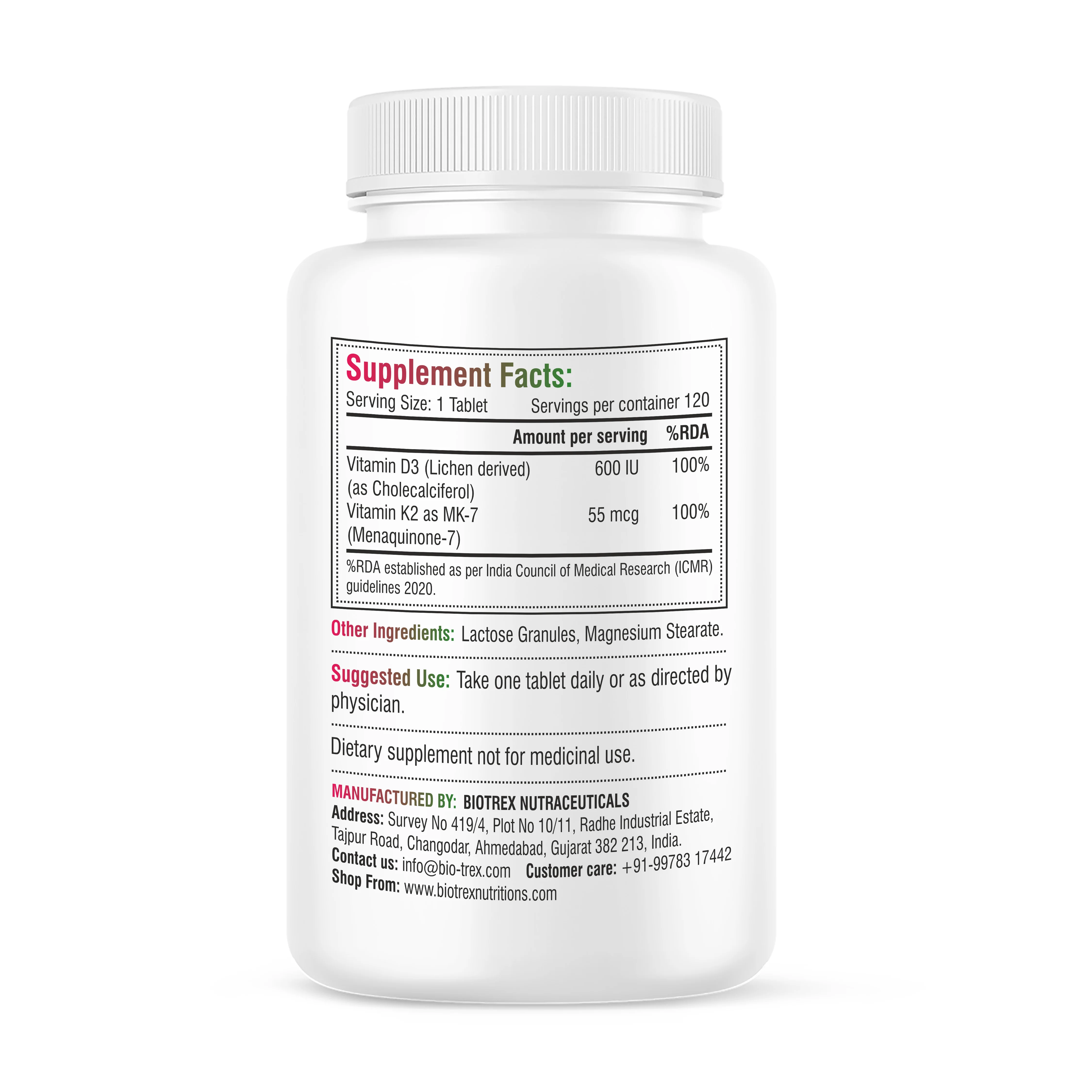 Biotrex Nutraceuticals Vitamin D3 600 IU + K2 MK7 Supplement For Advance Bone Health & Heart Health - 120 Veg Tablets - Image 2