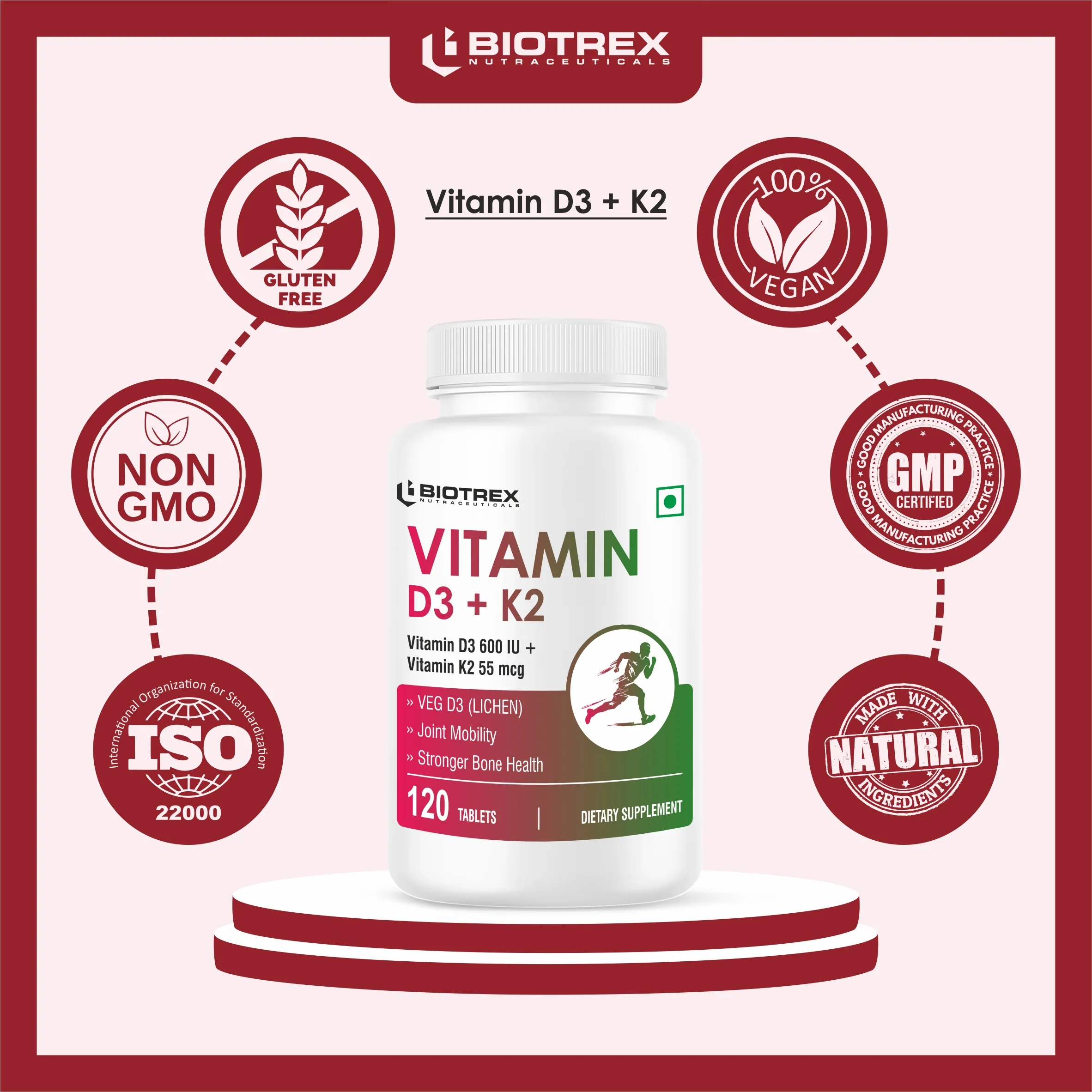 Biotrex Nutraceuticals Vitamin D3 600 IU + K2 MK7 Supplement For Advance Bone Health & Heart Health - 120 Veg Tablets - Image 4