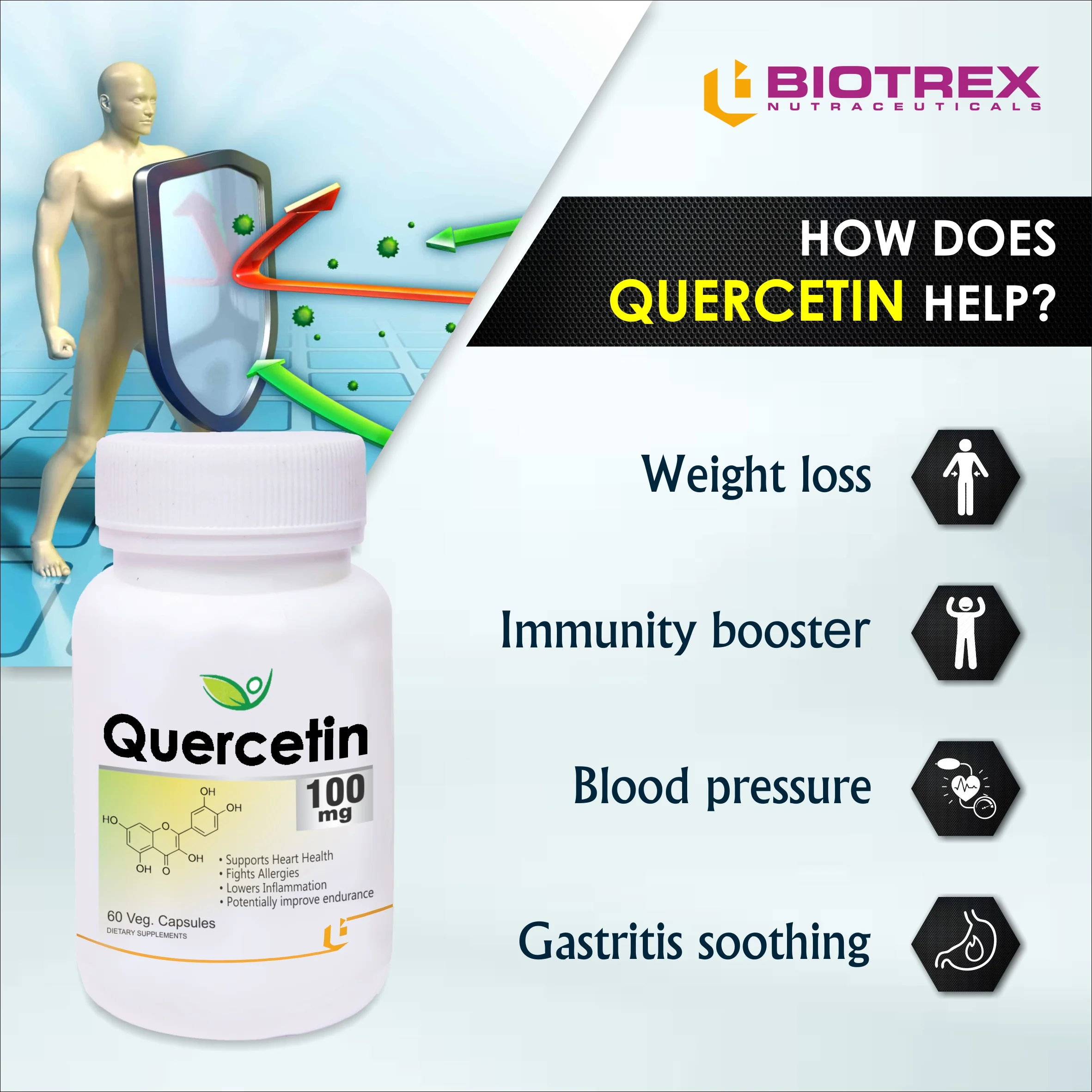 Biotrex Quercetin 100mg - 60 Capsules Cardiovascular Health, Anti-Inflammatory Effects, Anti-Inflammatory Effects & Immune System Support - Image 6
