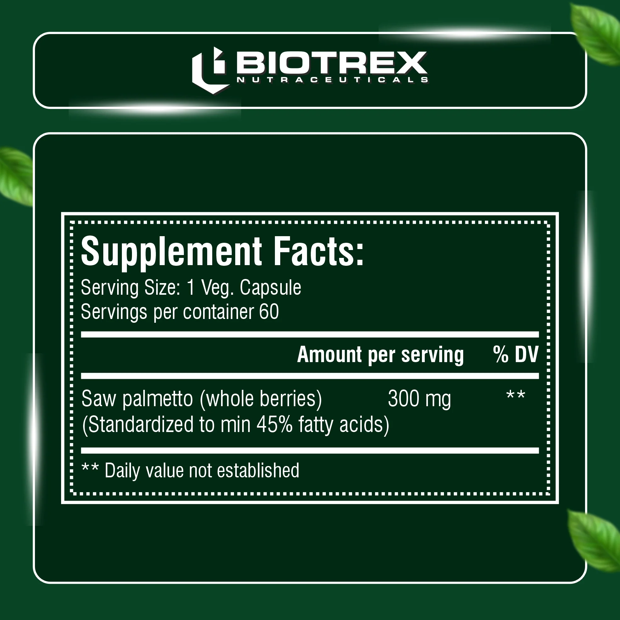 Biotrex Saw palmetto 300mg - 60 Capsules - Image 2
