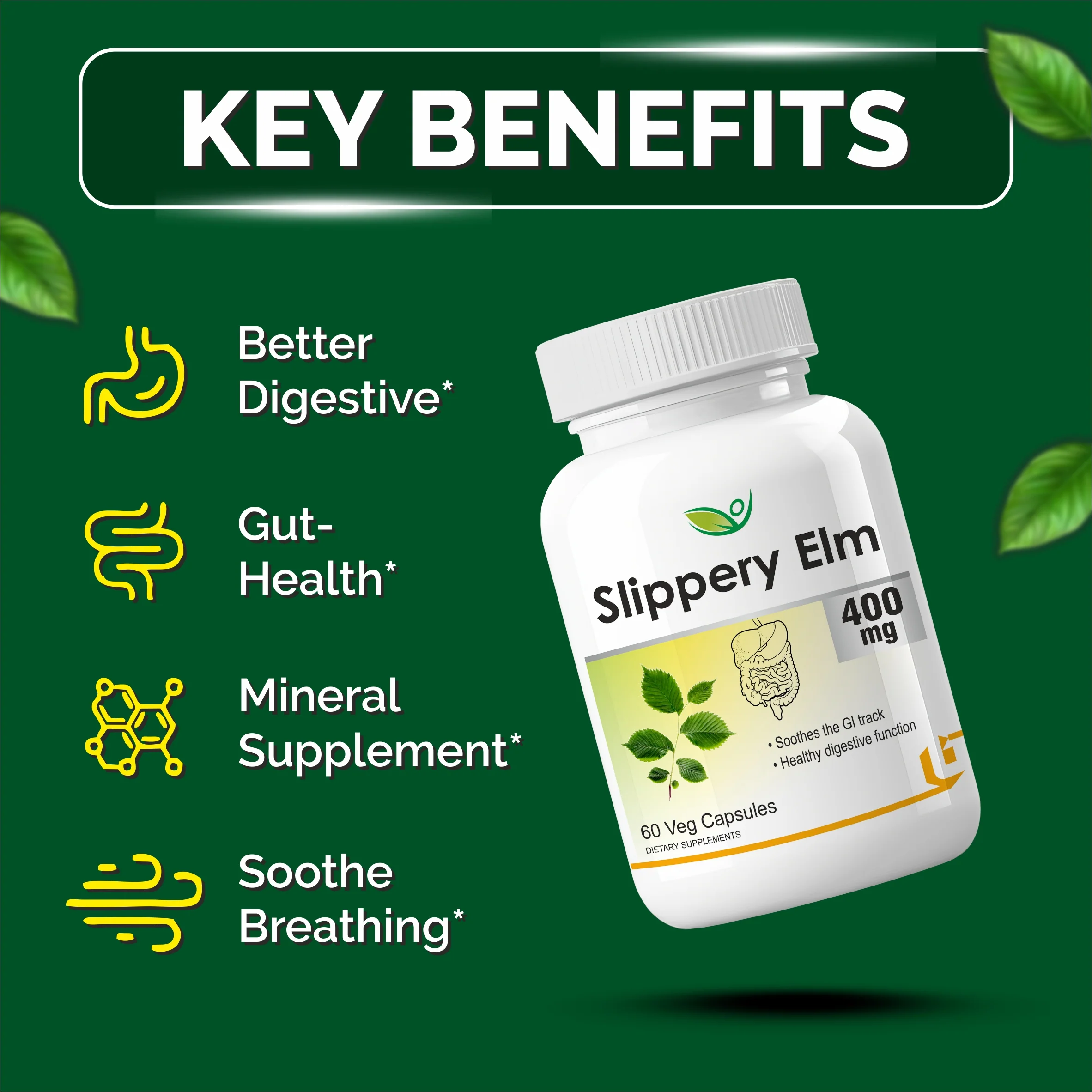 Biotrex Slippery Elm 400mg - 60 Capsules Soothing Digestive Aid, Gastrointestinal Protection & Relief from Sore Throat and Cough - Image 3