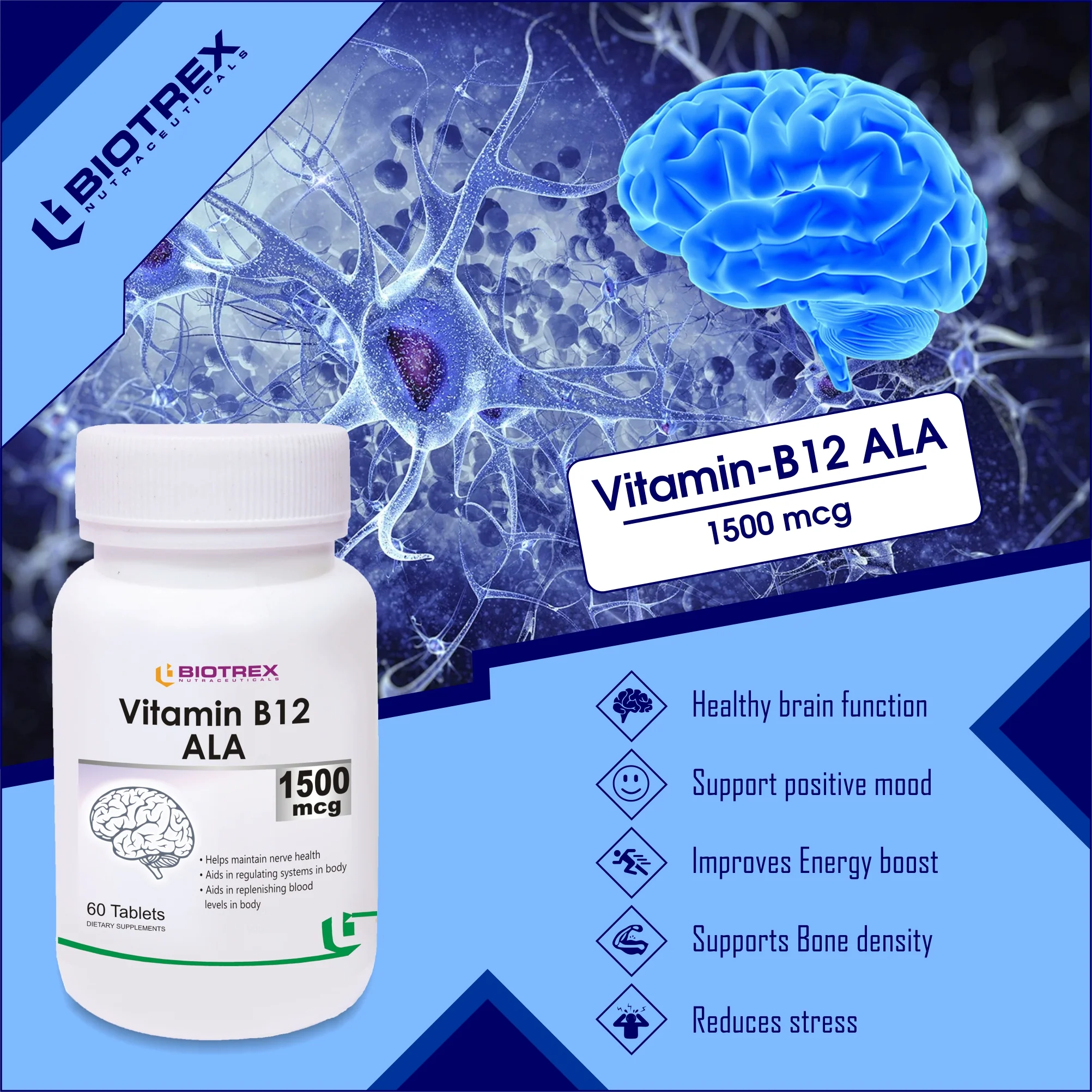 Biotrex Vitamin B12 1500mcg - Combination of Vitamin B12, B1, B5, B6, B9(Folic Acid), Alpha Lipoic Acid ALA & Inositol, 60 Tablets - Image 4