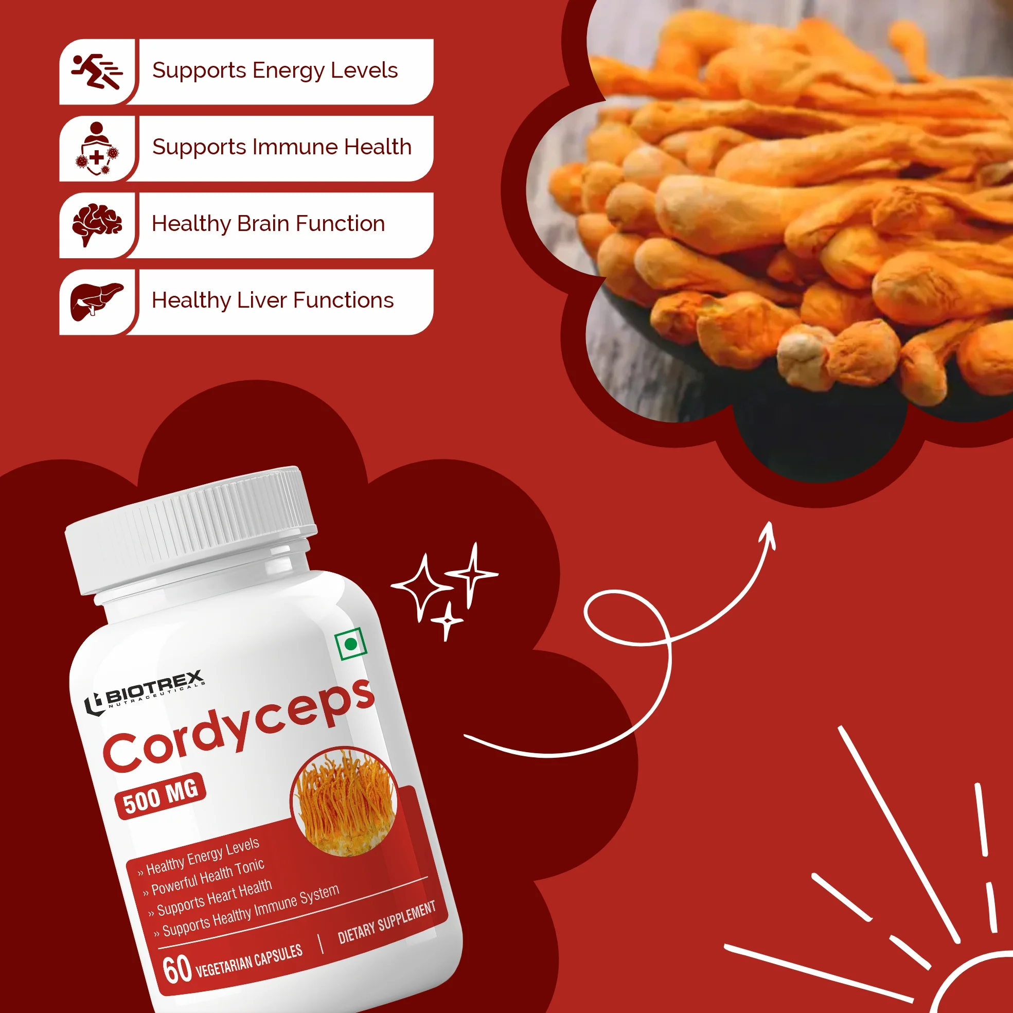 Biotrex Cordyceps 500mg-60 Veg Capsules Increases Energy, Stamina & Athletic Performance Enhancement - Image 3