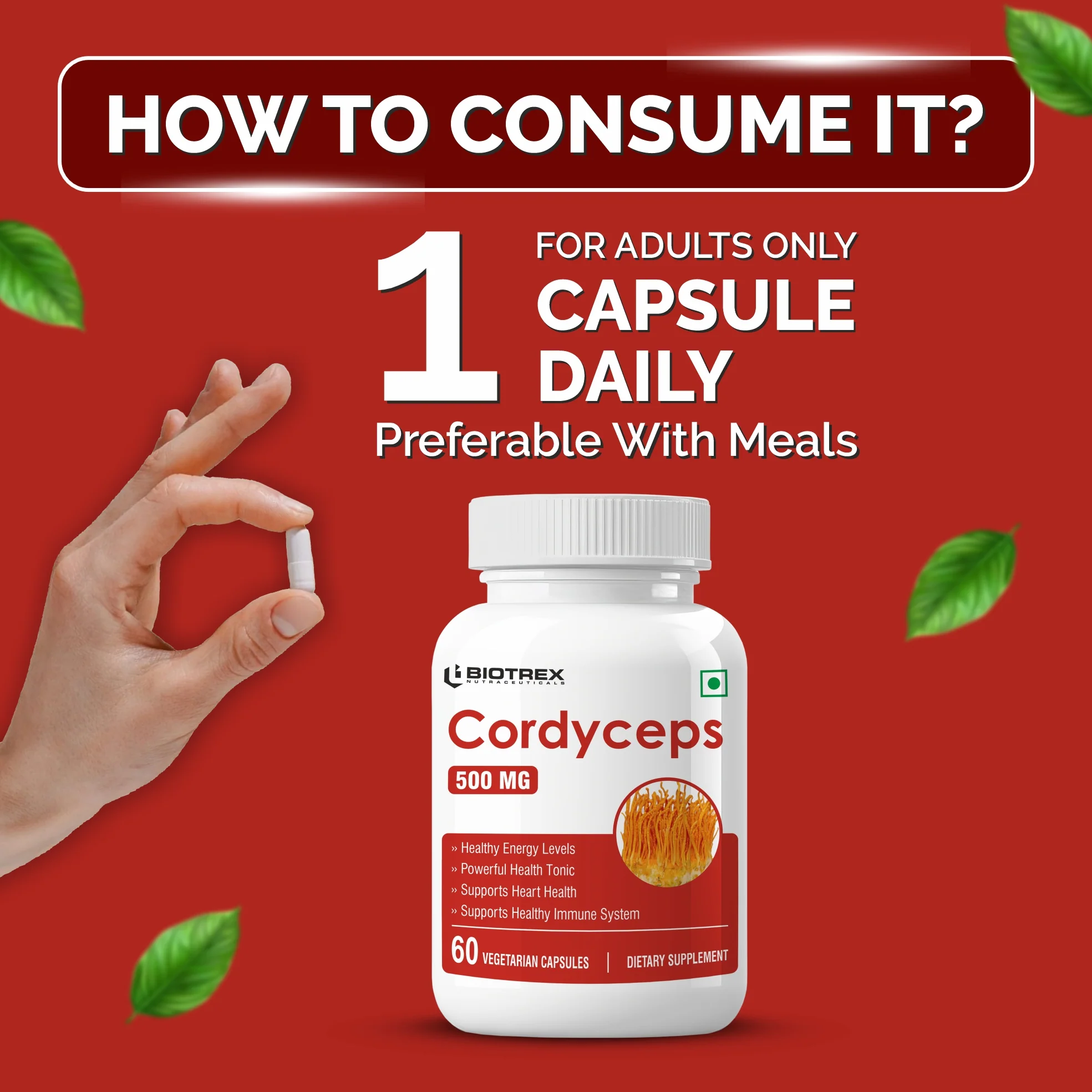 Biotrex Cordyceps 500mg-60 Veg Capsules Increases Energy, Stamina & Athletic Performance Enhancement - Image 4