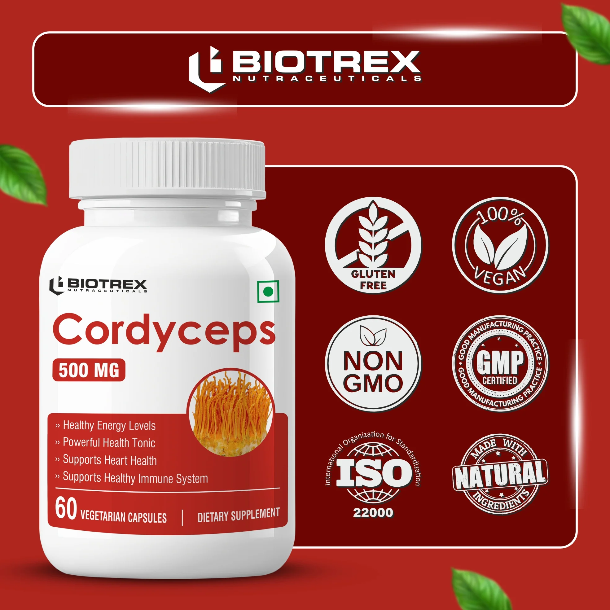 Biotrex Cordyceps 500mg-60 Veg Capsules Increases Energy, Stamina & Athletic Performance Enhancement - Image 5